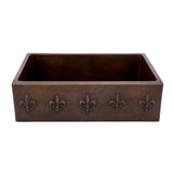 Premier Copper Products 33" Hammered Copper Kitchen Apron Single Basin Farmhouse Sink w/ Fleur De Lis with Matching Drain and Accessories, Oil Rubbed Bronze, KSP3_KASDB33229F