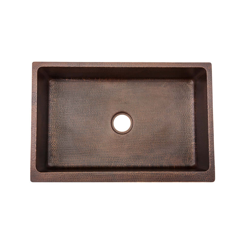 Premier Copper Products 33" Hammered Copper Kitchen Apron Single Basin Farmhouse Sink w/ Fleur De Lis with Matching Drain and Accessories, Oil Rubbed Bronze, KSP3_KASDB33229F