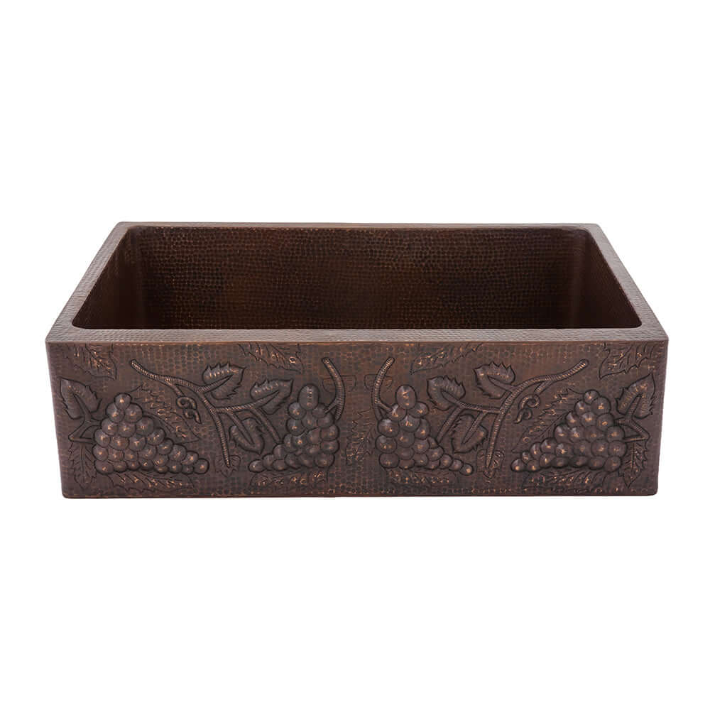 Premier Copper Products 33" Hammered Copper Kitchen Apron Single Basin Farmhouse Sink w/ Vineyard Design with Matching Drain and Accessories, Oil Rubbed Bronze, KSP3_KASDB33229G