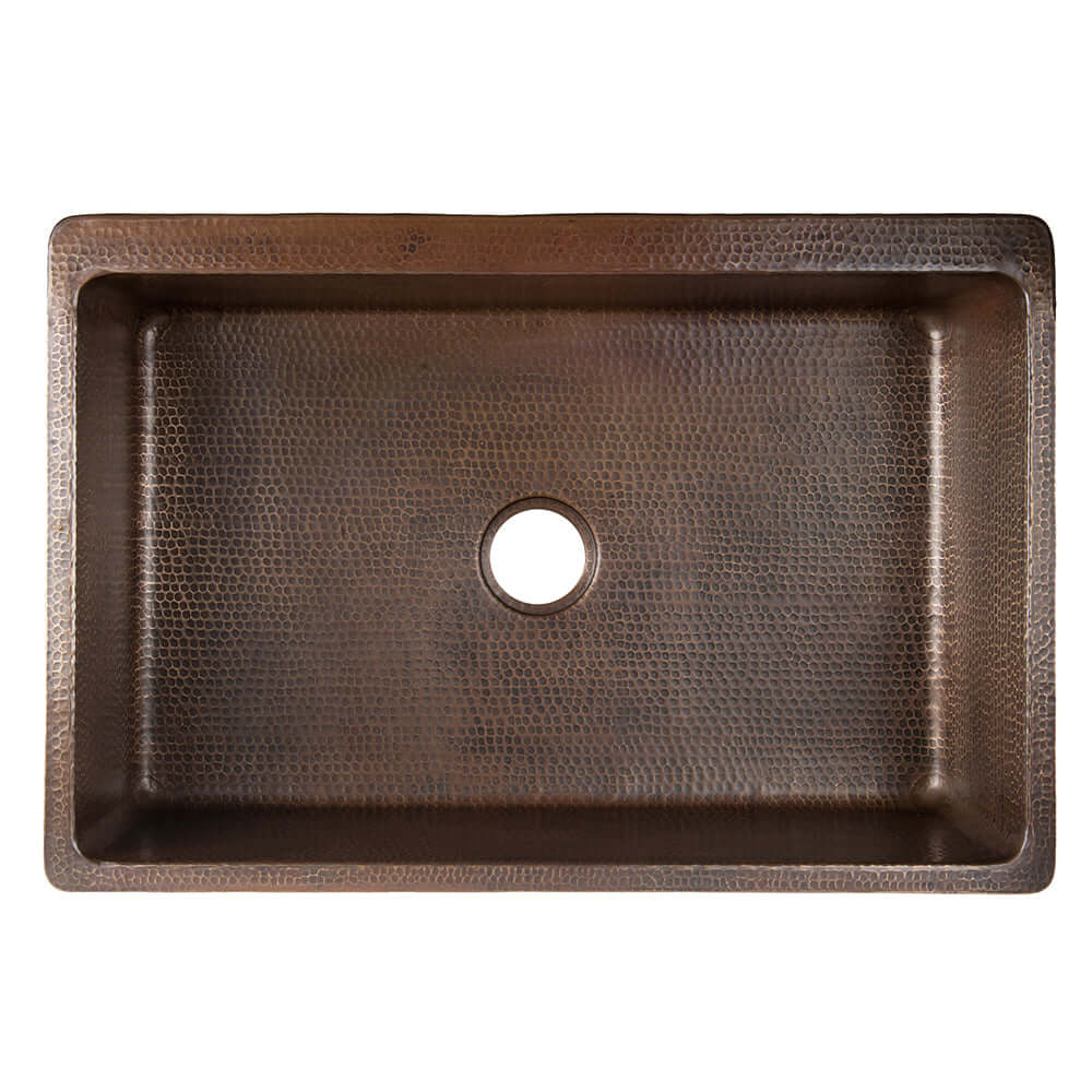 Premier Copper Products 33" Hammered Copper Kitchen Apron Single Basin Farmhouse Sink w/ Scroll Design and Apron Front Nickel Background with Matching Drain and Accessories, Oil Rubbed Bronze and Nickel, KSP3_KASDB33229S-NB