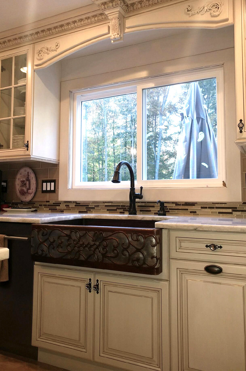 Installation Image of Premier Copper Products 33" Copper Farmhouse Sink, Oil Rubbed Bronze and Nickel, KASDB33229S-NB