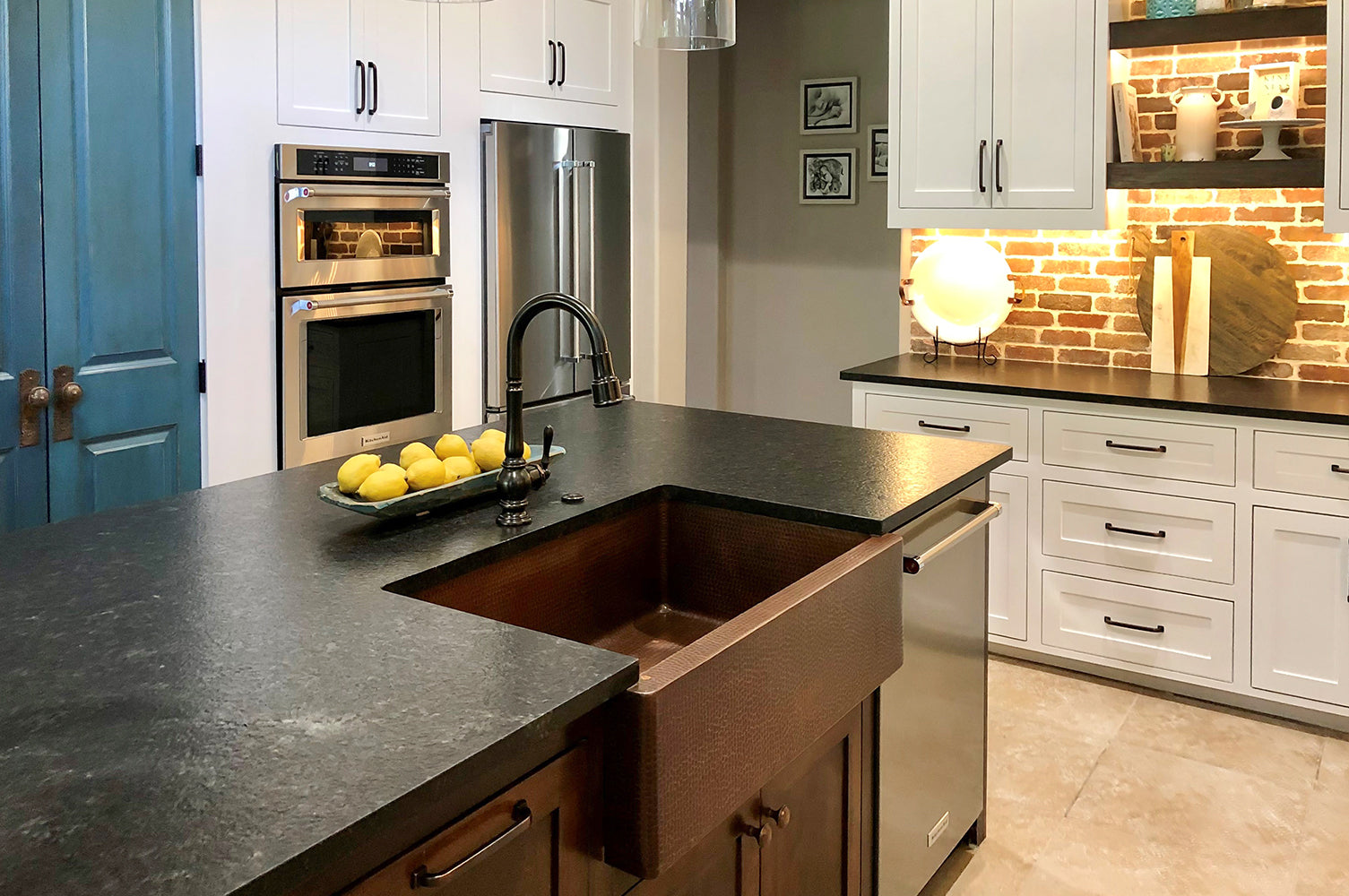 Installation Image of Premier Copper Products 33" Copper Farmhouse Sink, Oil Rubbed Bronze, KASDB33229