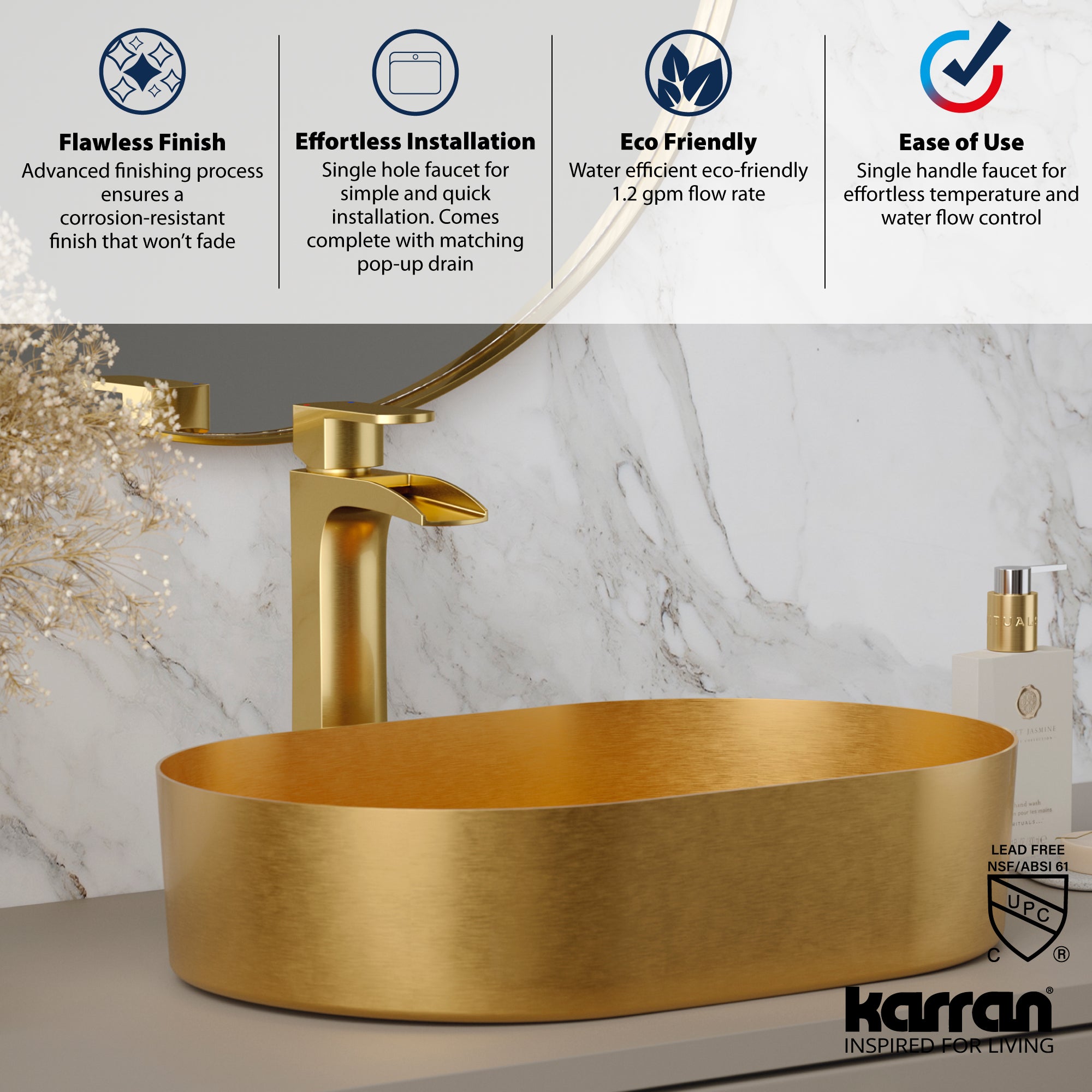 Karran Kassel 1.2 GPM Single Lever Handle Lead-free Brass ADA Bathroom Faucet, Vessel, Brushed Gold, KBF442BG