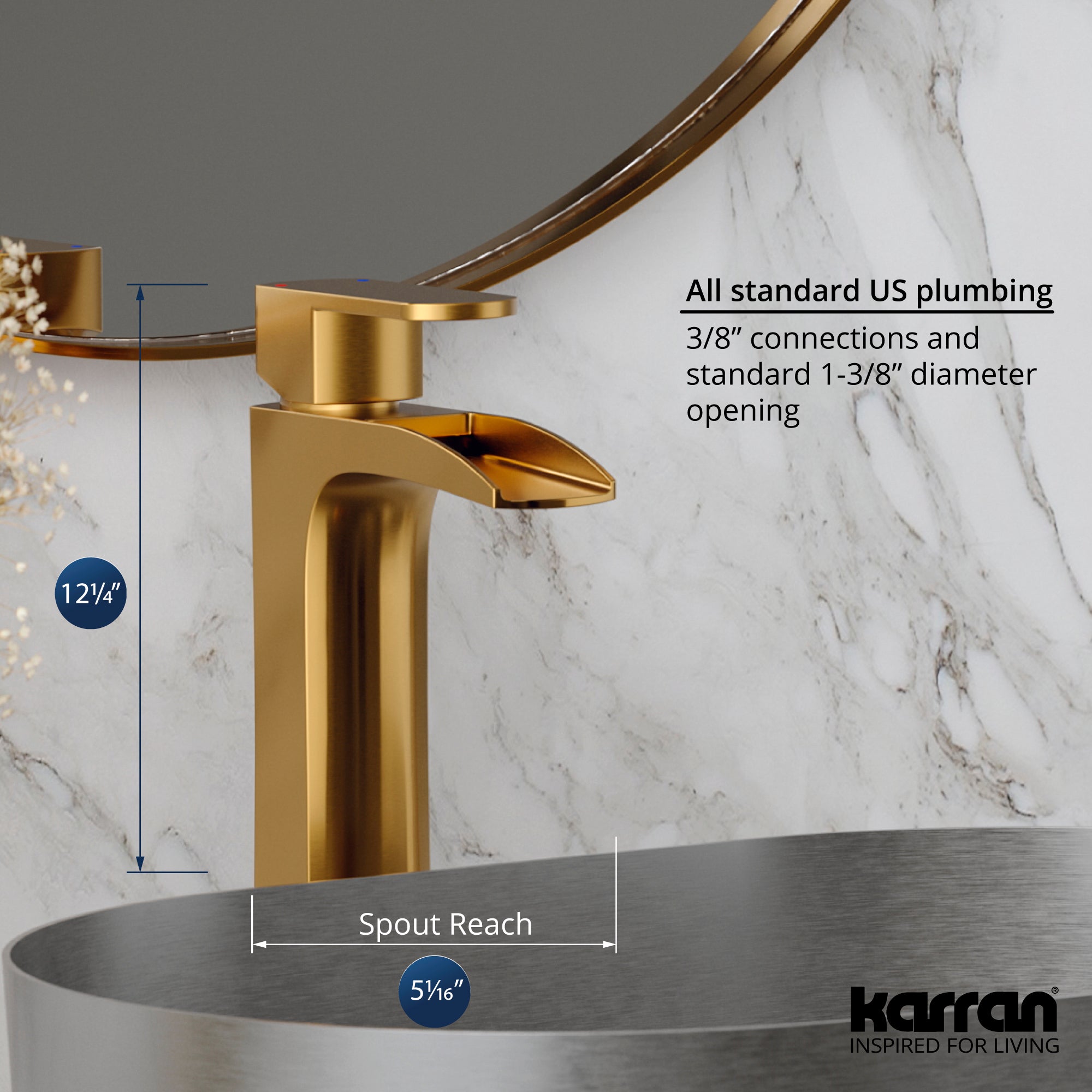Karran Kassel 1.2 GPM Single Lever Handle Lead-free Brass ADA Bathroom Faucet, Vessel, Gold, KBF442G