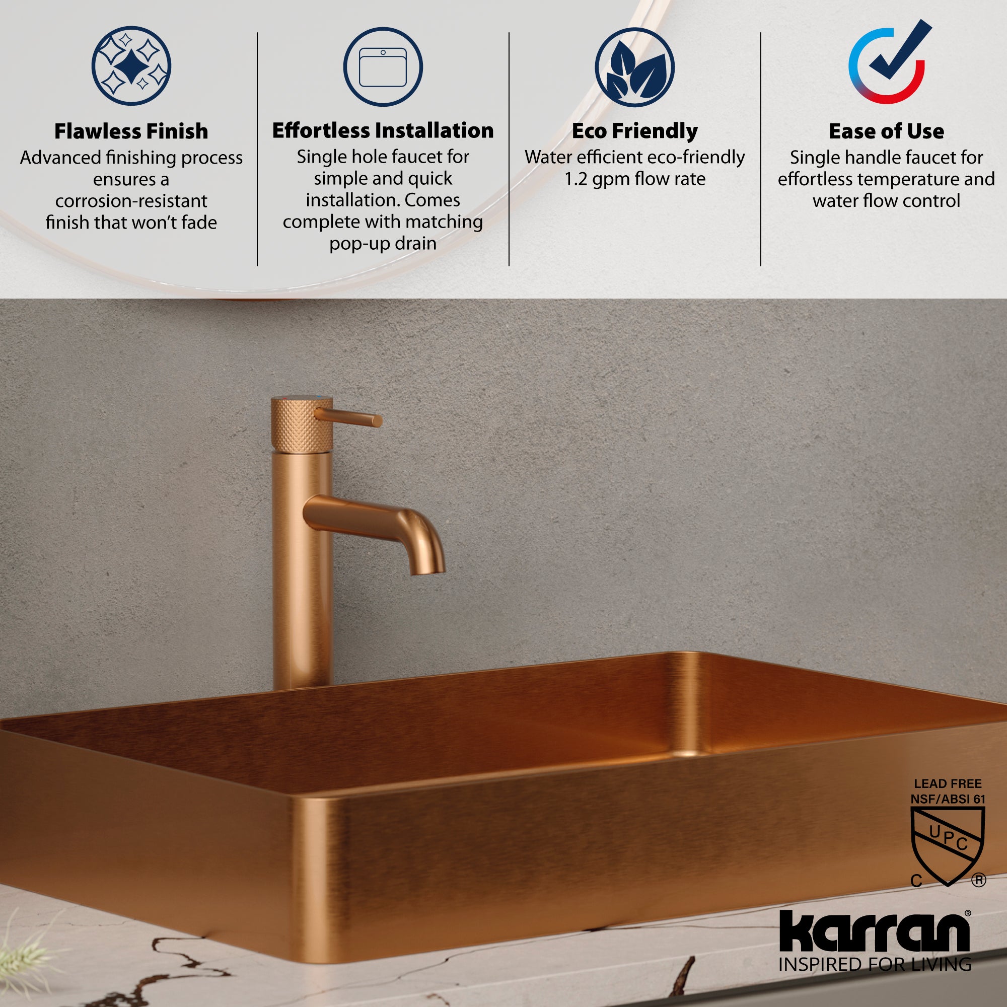 Karran Tryst 1.2 GPM Single Lever Handle Lead-free Brass ADA Bathroom Faucet, Vessel, Brushed Copper, KBF462BC
