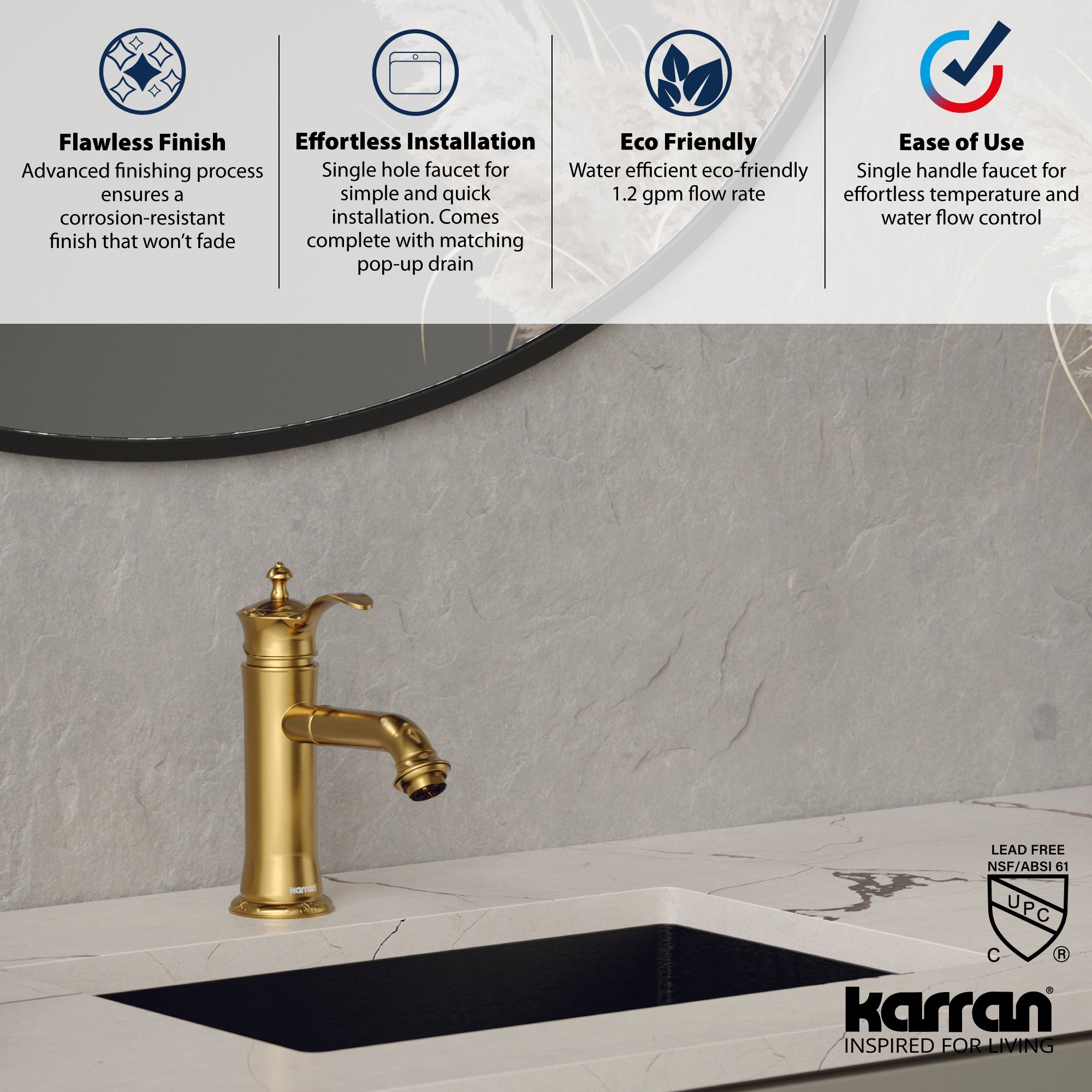 Karran Vineyard 1.2 GPM Single Lever Handle Lead-free Brass ADA Bathroom Faucet, Basin, Gold, KBF470G