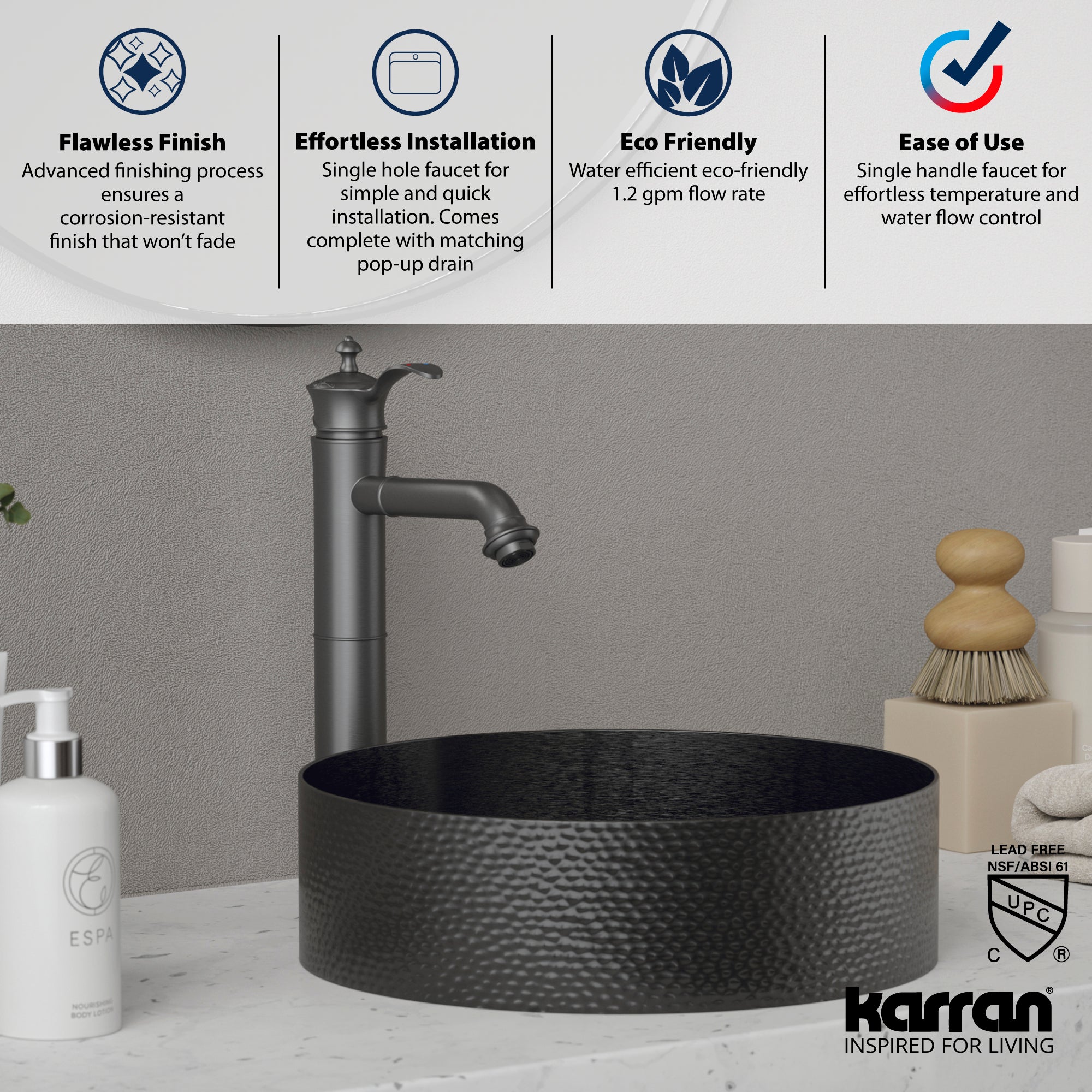 Karran Vineyard 1.2 GPM Single Lever Handle Lead-free Brass ADA Bathroom Faucet, Vessel, Gunmetal Grey, KBF472GG