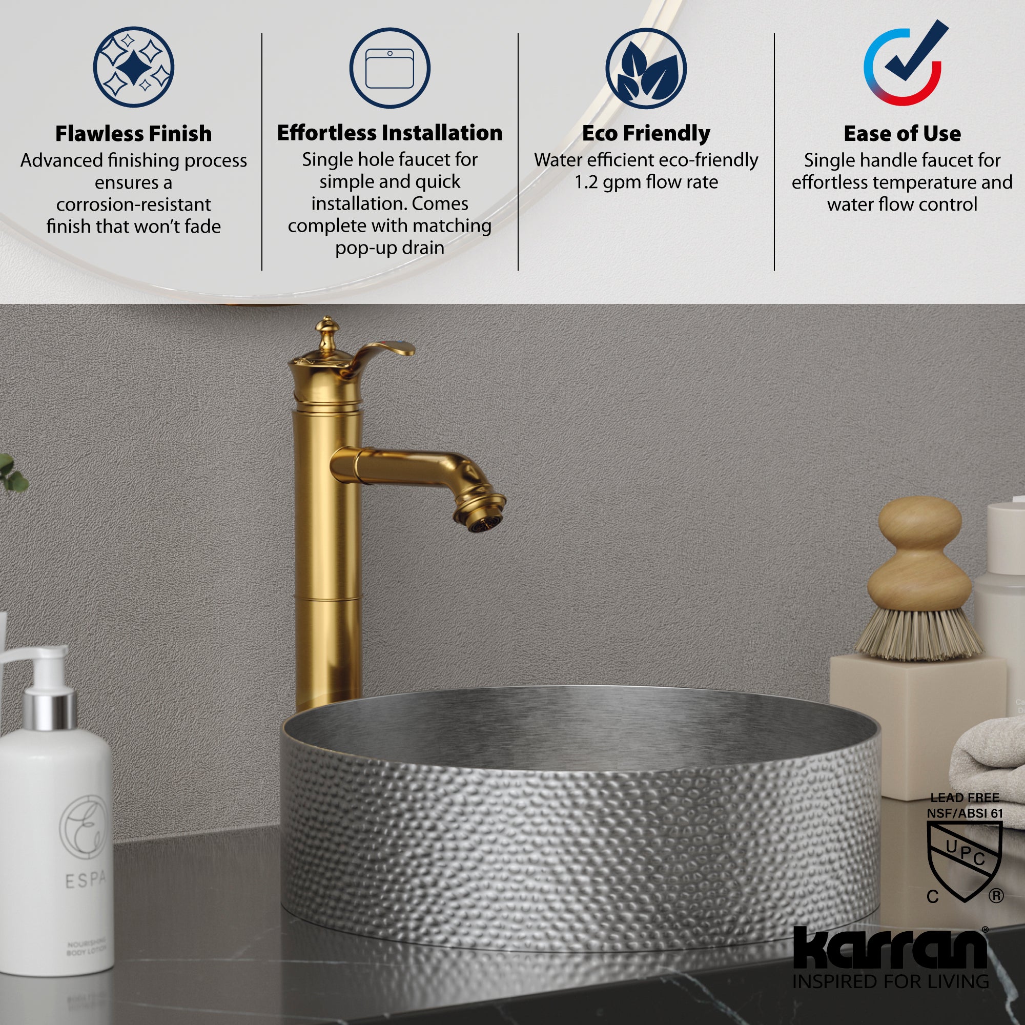 Karran Vineyard 1.2 GPM Single Lever Handle Lead-free Brass ADA Bathroom Faucet, Vessel, Gold, KBF472G