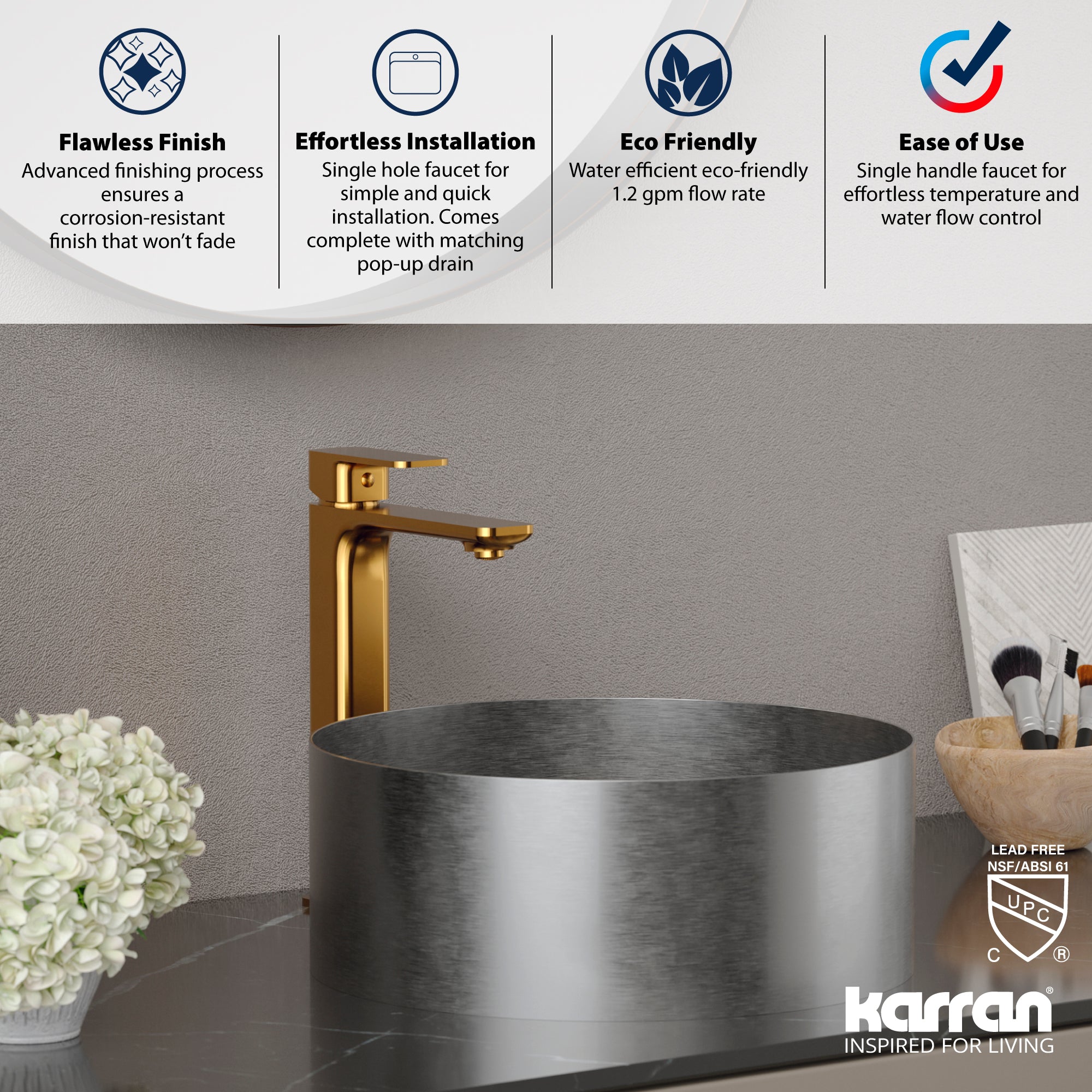 Karran Venda 1.2 GPM Single Lever Handle Lead-free Brass ADA Bathroom Faucet, Vessel, Gold, KBF512G