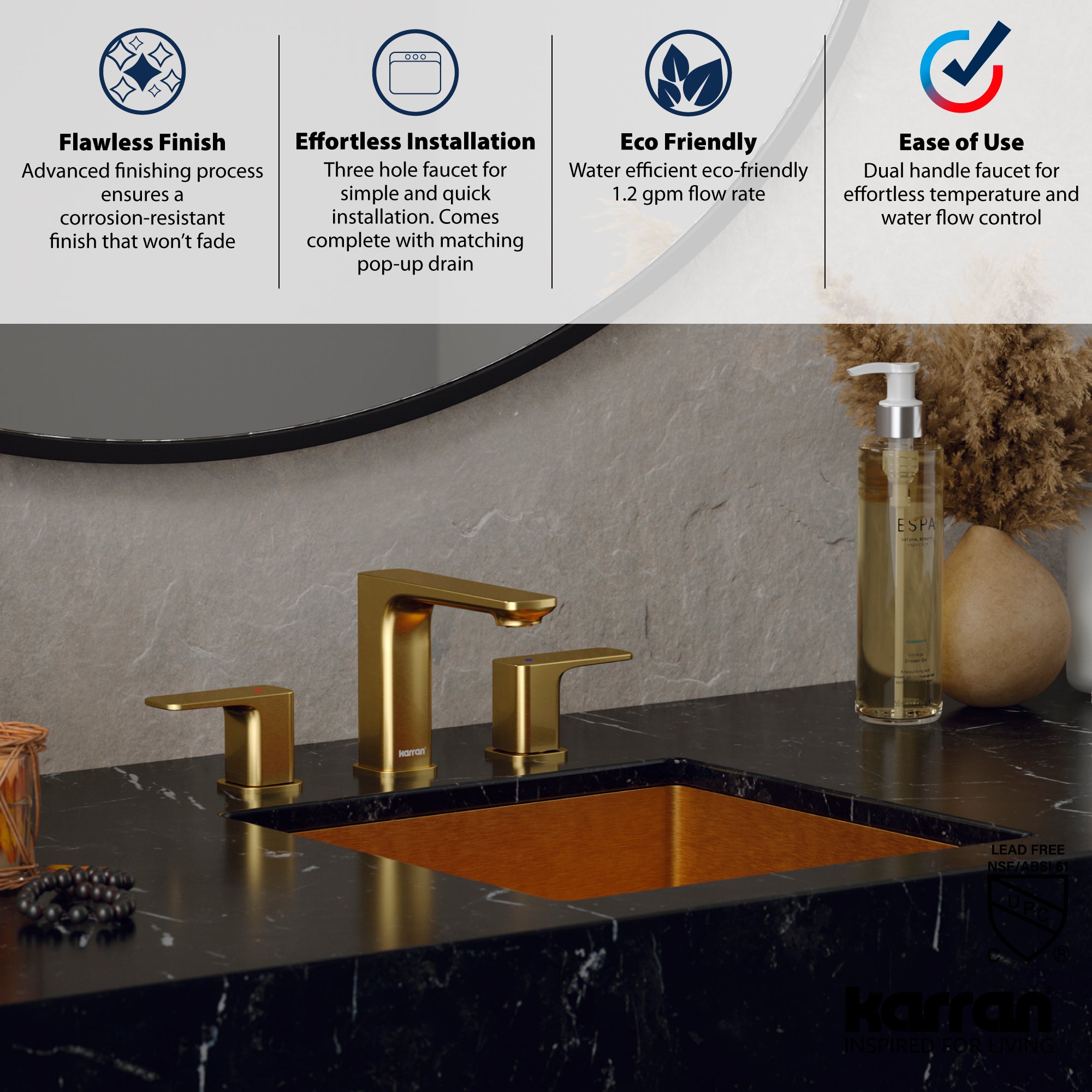 Karran Venda 1.2 GPM Double Lever Handle Lead-free Brass ADA Bathroom Faucet, Widespread, Brushed Gold, KBF514BG