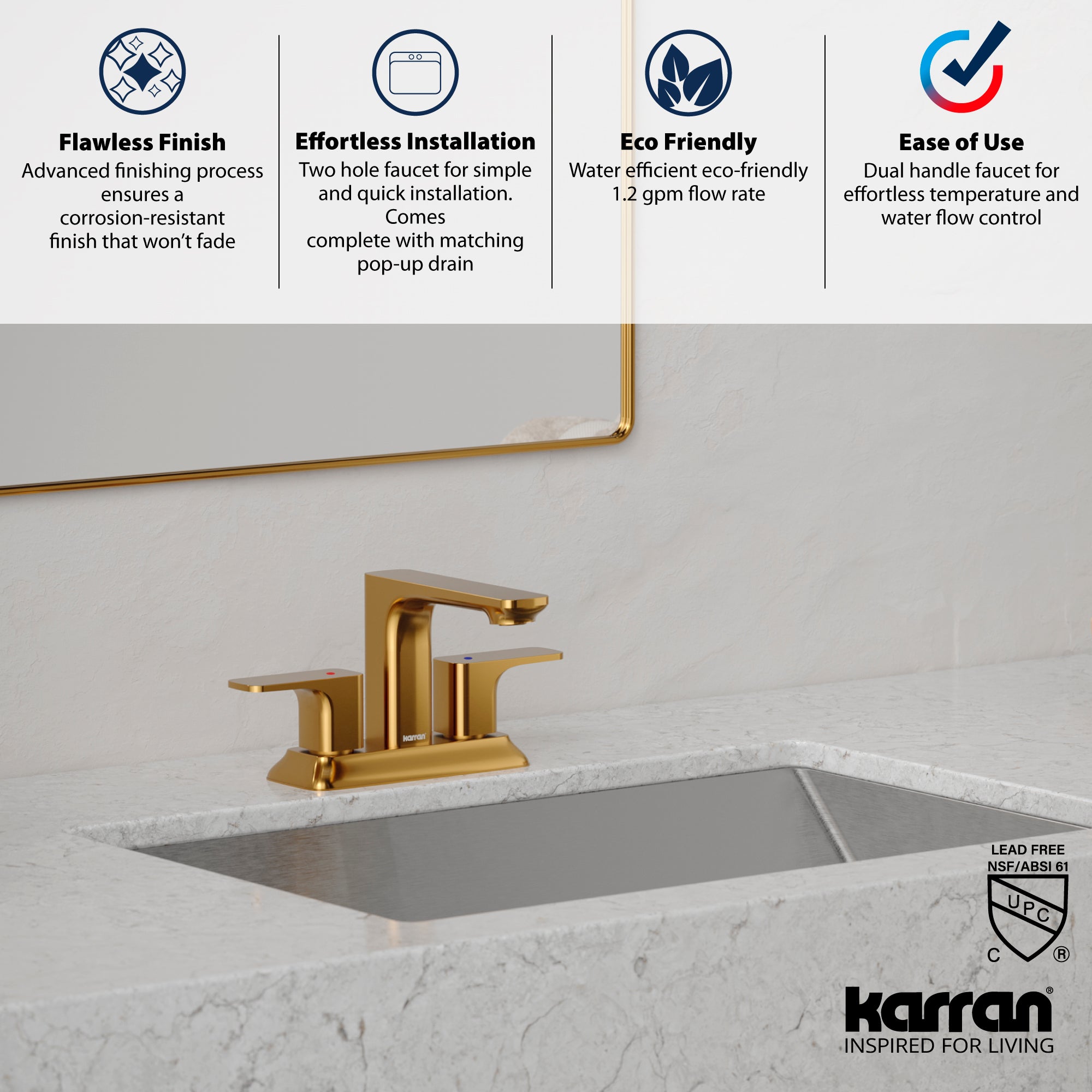 Karran Venda 1.2 GPM Double Lever Handle Lead-free Brass ADA Bathroom Faucet, Centerset, Gold, KBF516G
