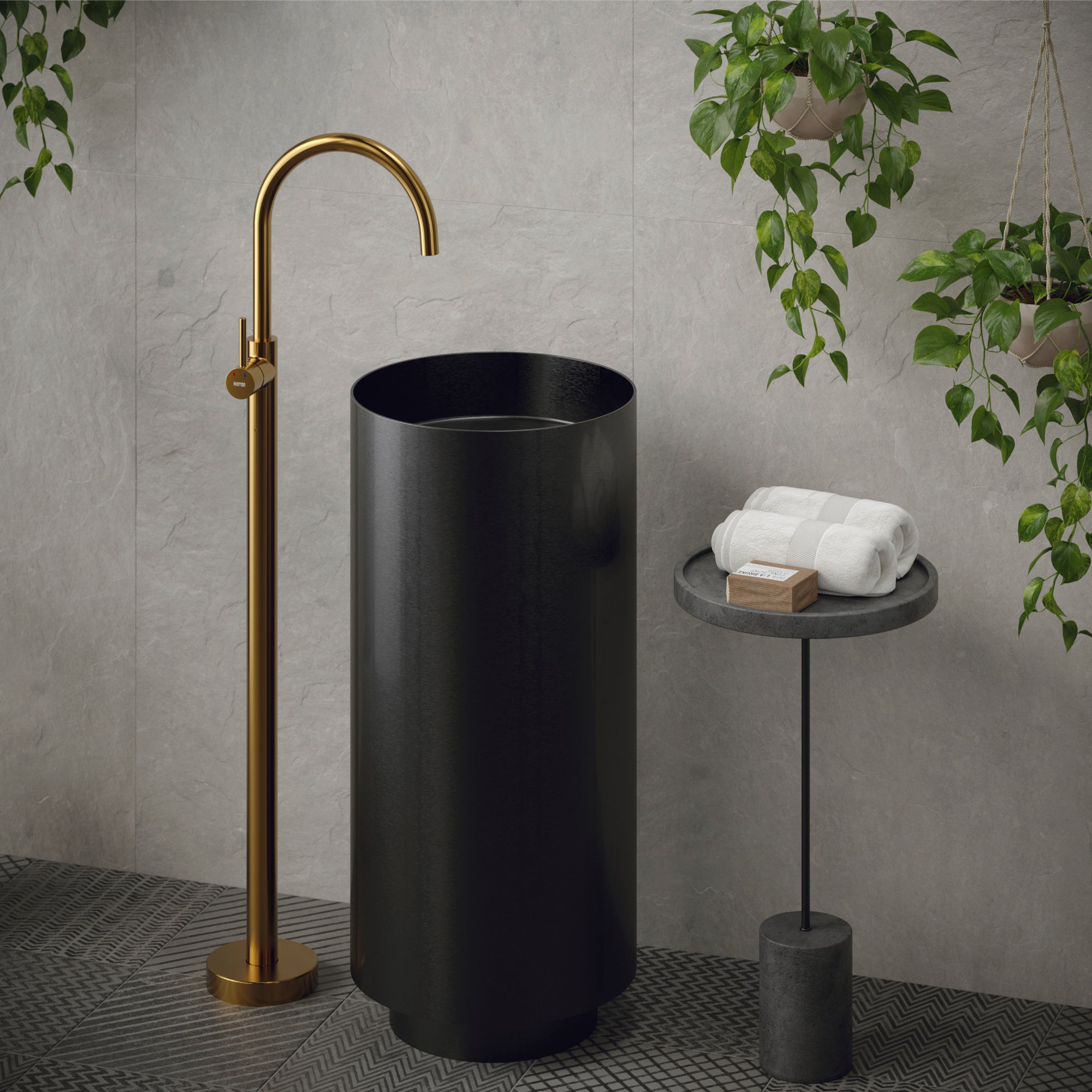 Karran Howick 1.5 GPM Single Lever Handle Lead-free Brass Bathroom Faucet, Freestanding Floor Mounted, Gold, KBF650G