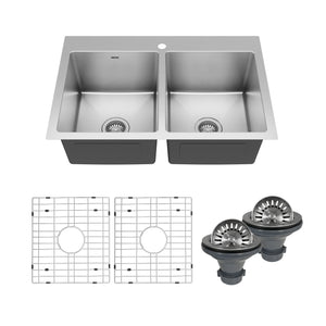 Main Image of Karran 33" Drop In/Topmount Stainless Steel Kitchen Sink, 50/50 Double Bowl, 16 Gauge, EL-35-PK1