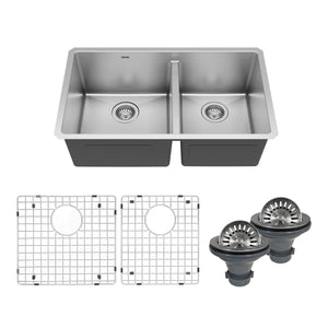 Main Image of Karran 32" Undermount Stainless Steel Kitchen Sink with Accessories, 60/40 Double Bowl, 16 Gauge, EL-77-PK1