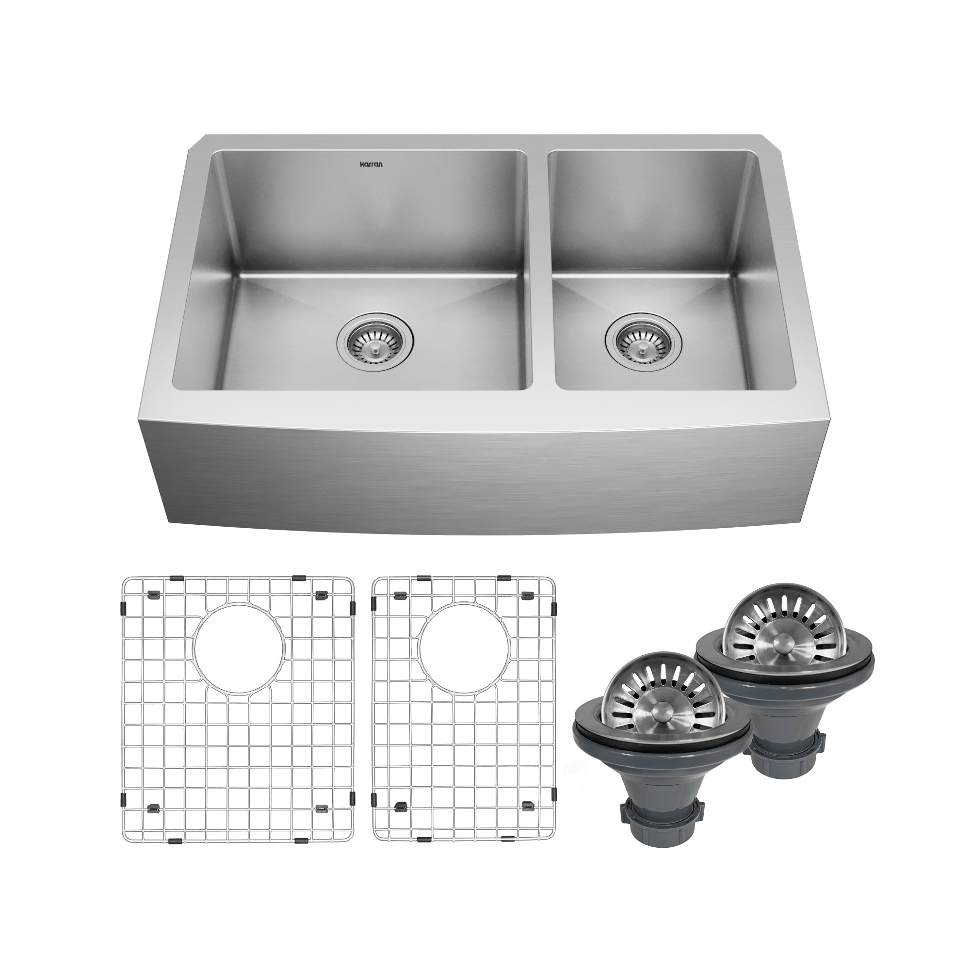 Main Image of Karran 33" Stainless Steel Farmhouse Sink with Accessories, 60/40 Double Bowl, 16 Gauge, EL-86-PK1