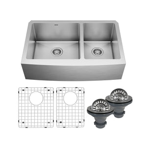 Main Image of Karran 33" Stainless Steel Farmhouse Sink with Accessories, 60/40 Double Bowl, 16 Gauge, EL-86-PK1
