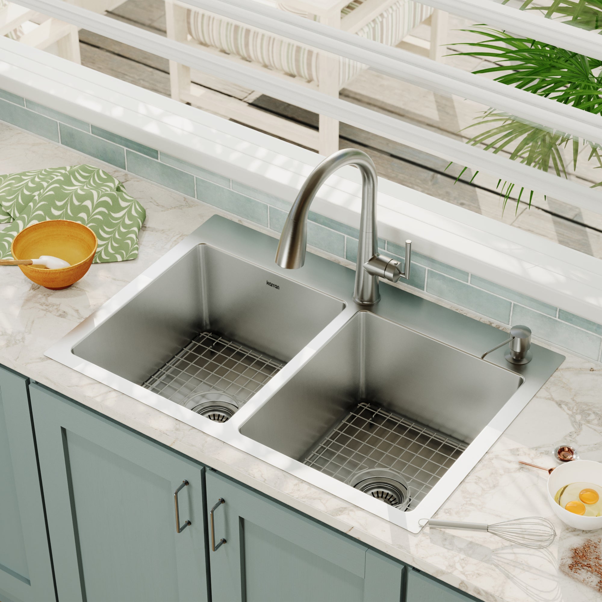 Alternative View of Karran 33" Drop In/Topmount Stainless Steel Kitchen Sink, 50/50 Double Bowl, 16 Gauge, EL-35-PK1