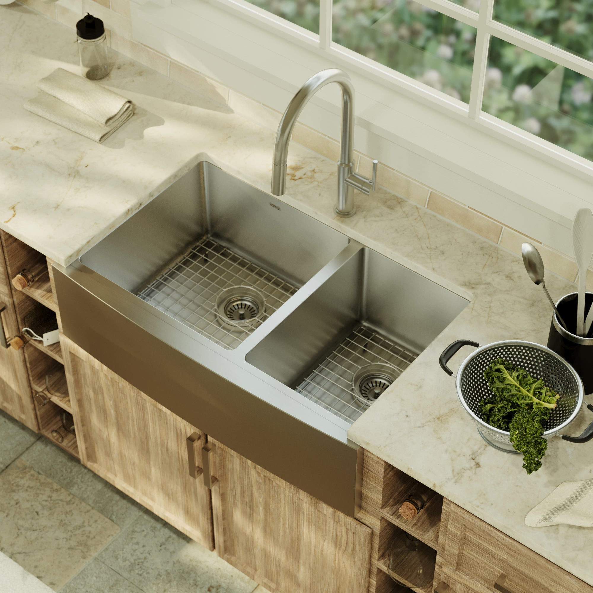 Alternative View of Karran 33" Stainless Steel Farmhouse Sink with Accessories, 60/40 Double Bowl, 16 Gauge, EL-86-PK1