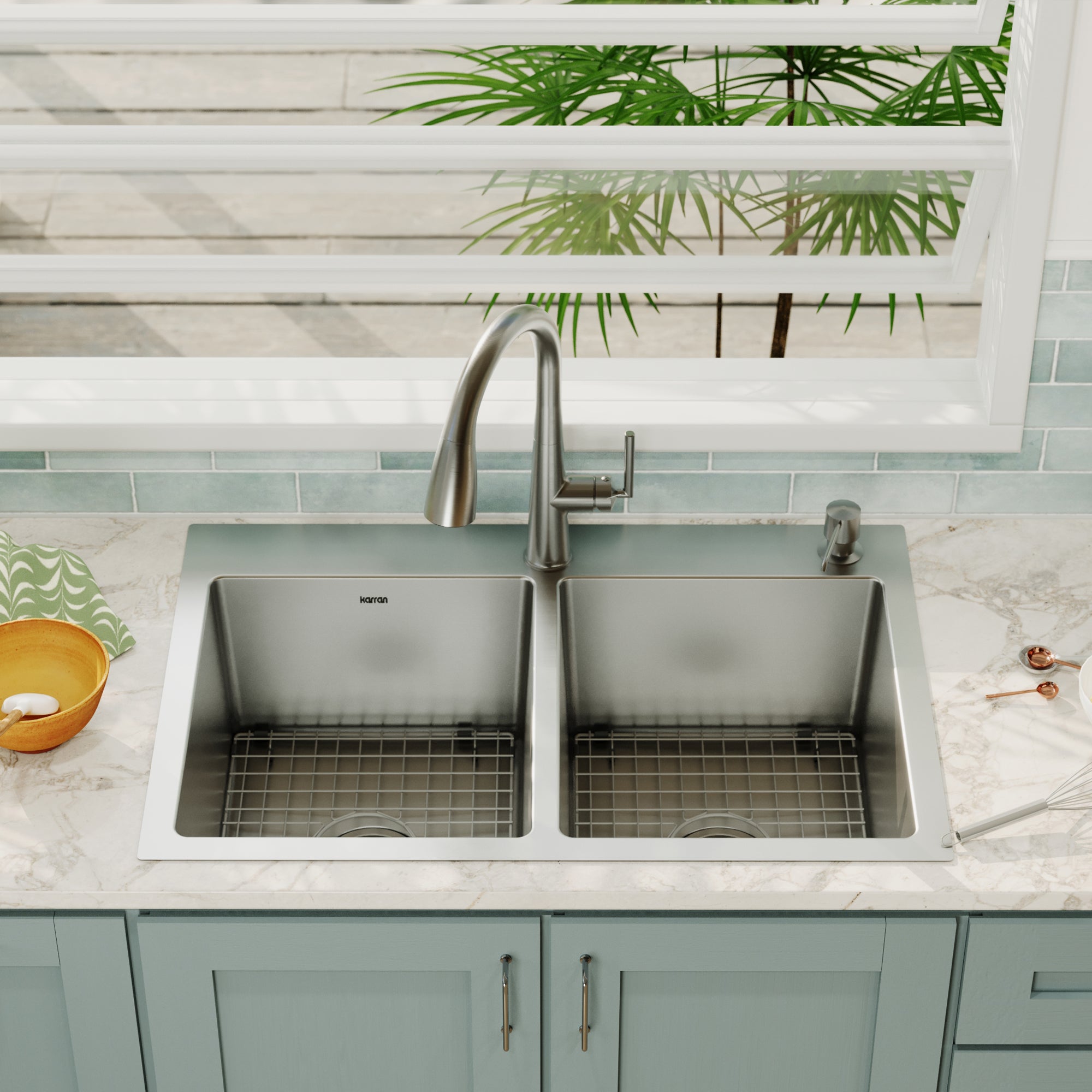 Alternative View of Karran 33" Drop In/Topmount Stainless Steel Kitchen Sink, 50/50 Double Bowl, 16 Gauge, EL-35-PK1