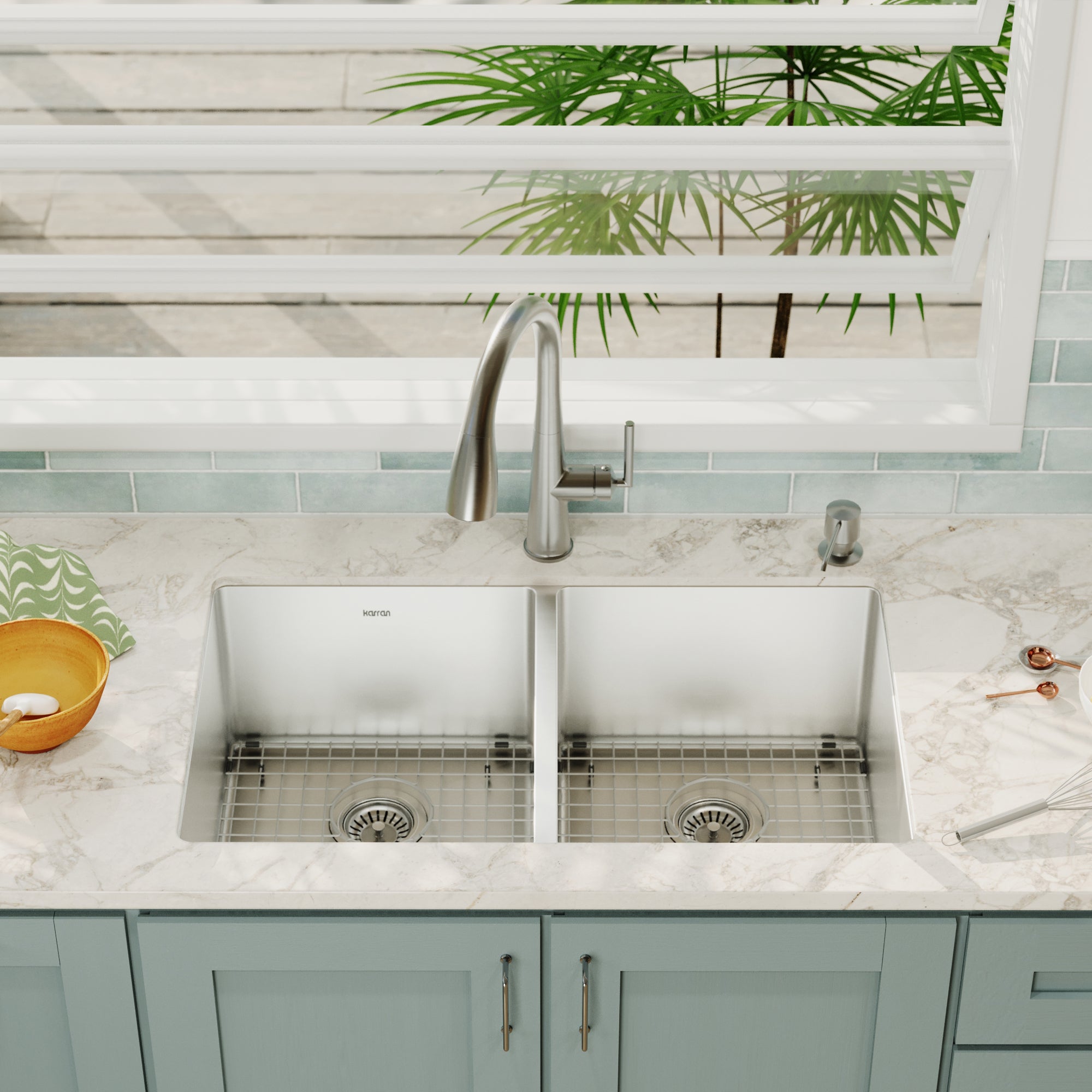 Alternative View of Karran 32" Undermount Stainless Steel Kitchen Sink, 50/50 Double Bowl, 16 Gauge, EL-76-PK1