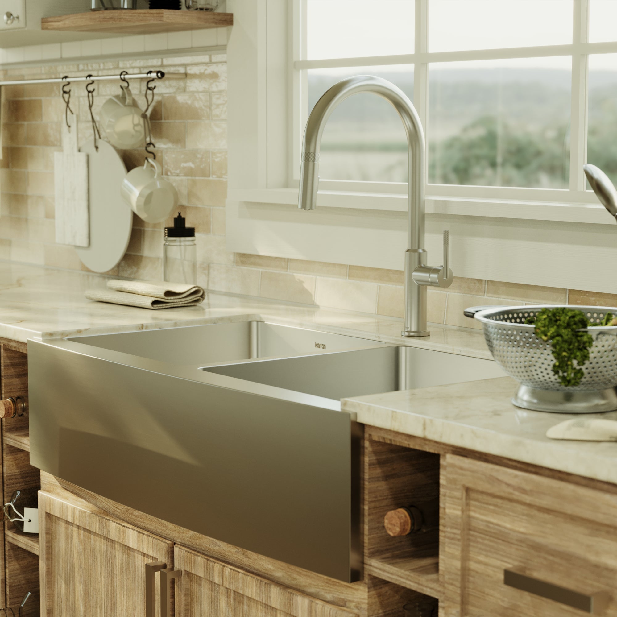 Alternative View of Karran Elite 36" Stainless Steel Farmhouse Sink with Accessories, 50/50 Double Bowl, 16 Gauge, EL-88-PK1