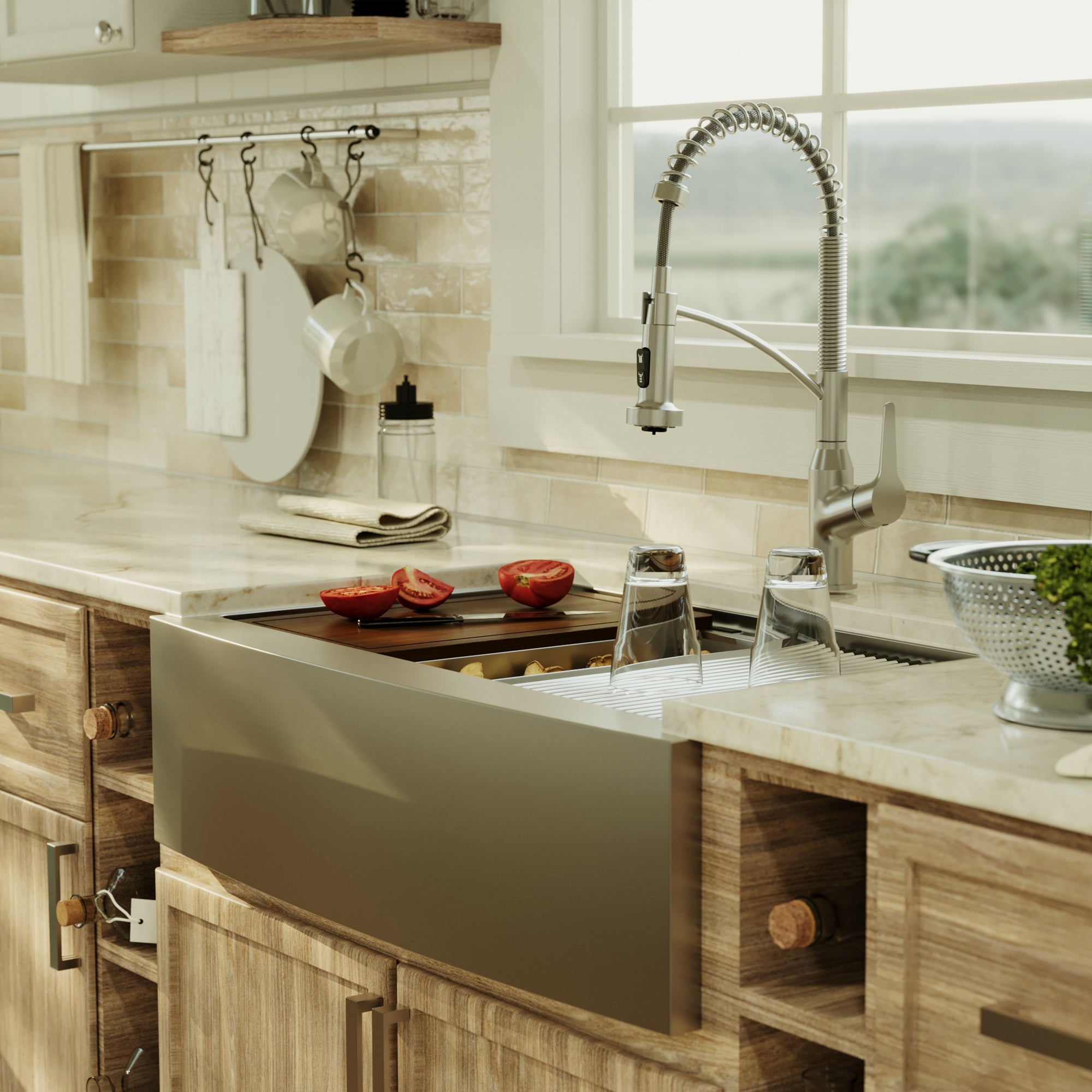 Karran elite workstation 33 stainless steel farmhouse sink with faucet lifestyle image