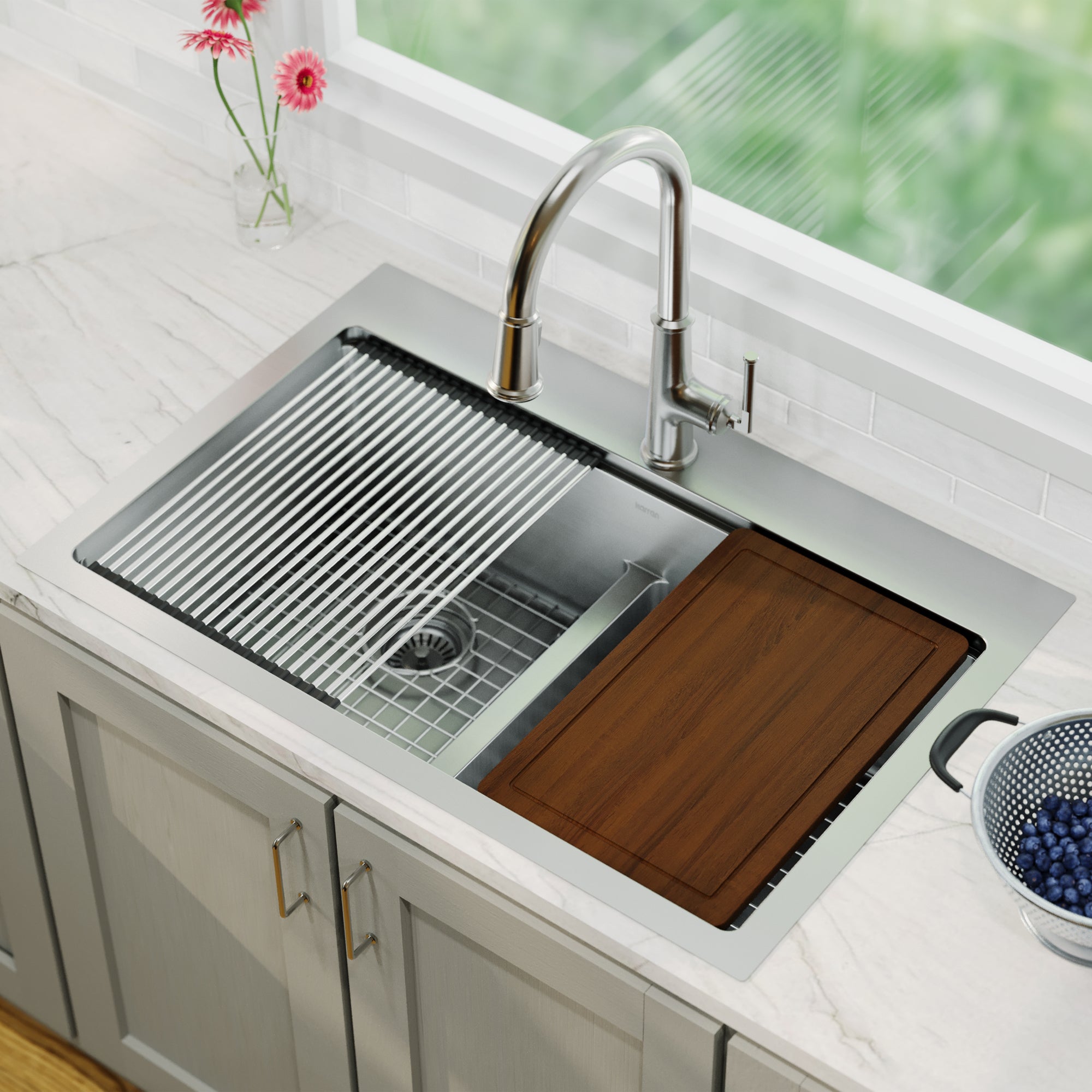 Alternative View of Karran Elite Workstation 33" Drop In/Topmount Stainless Steel Workstation Kitchen Sink with Accessories, 50/50 Double Bowl, 16 Gauge, WST-28-PK1