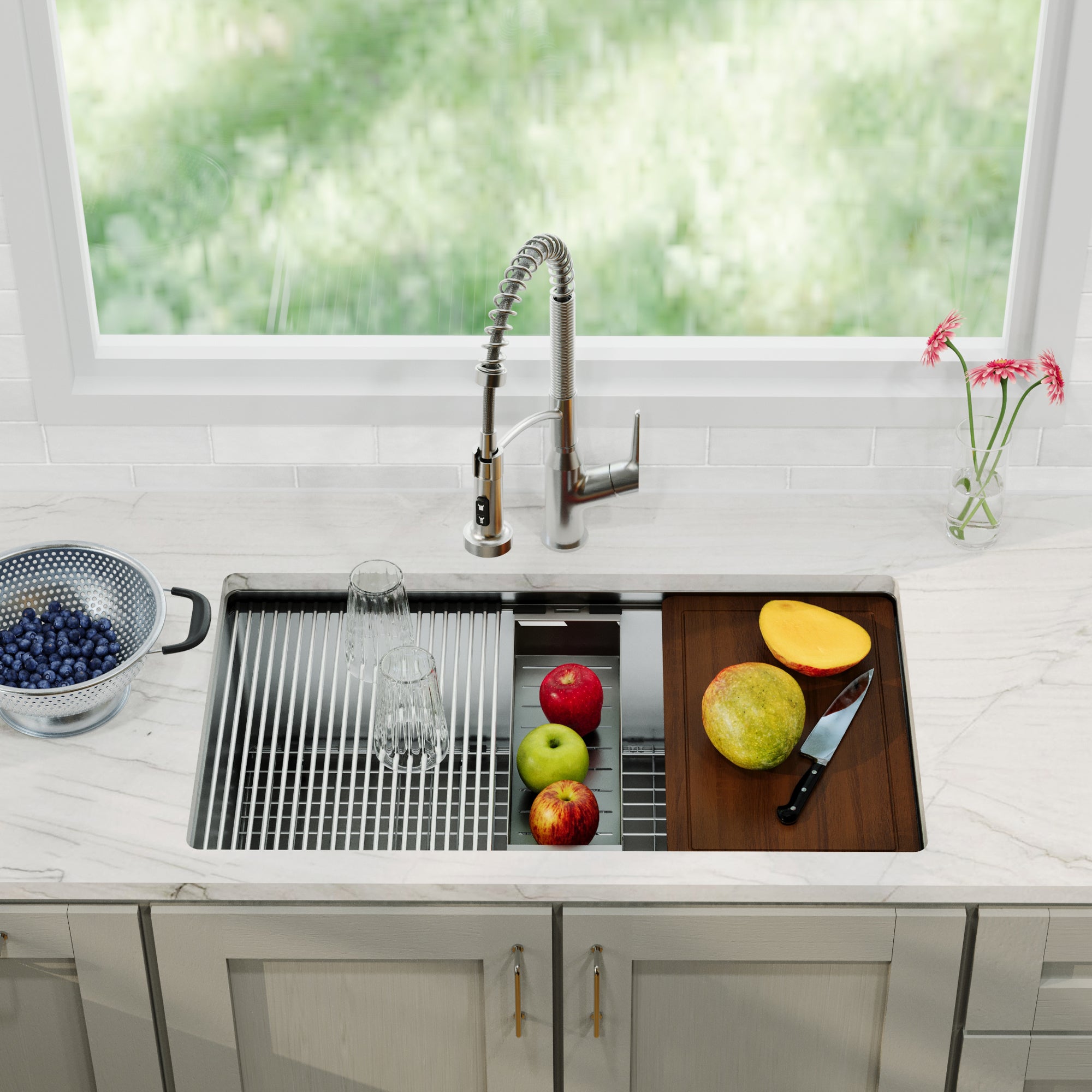 Karran elite workstation 32 stainless steel kitchen sink with faucet lifestyle image