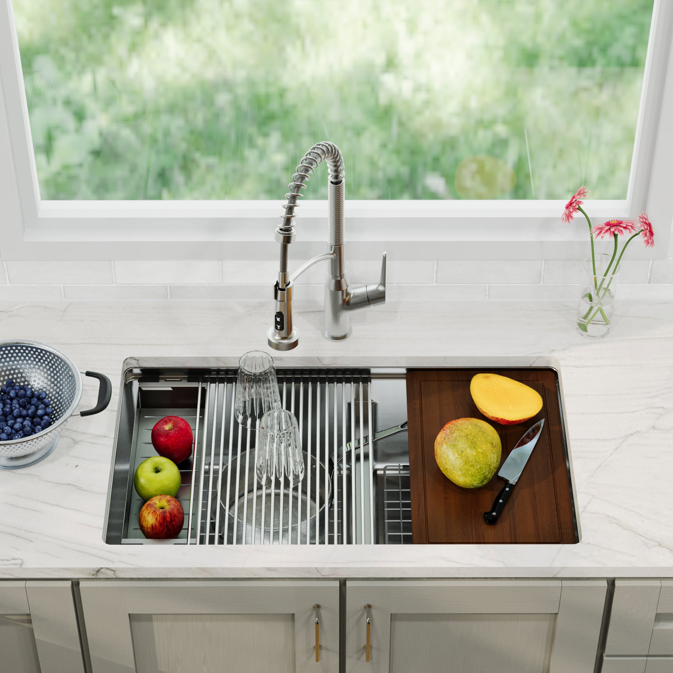 Karran elite workstation 32 stainless steel kitchen sink with faucet 60/40 double bowl lifestyle image
