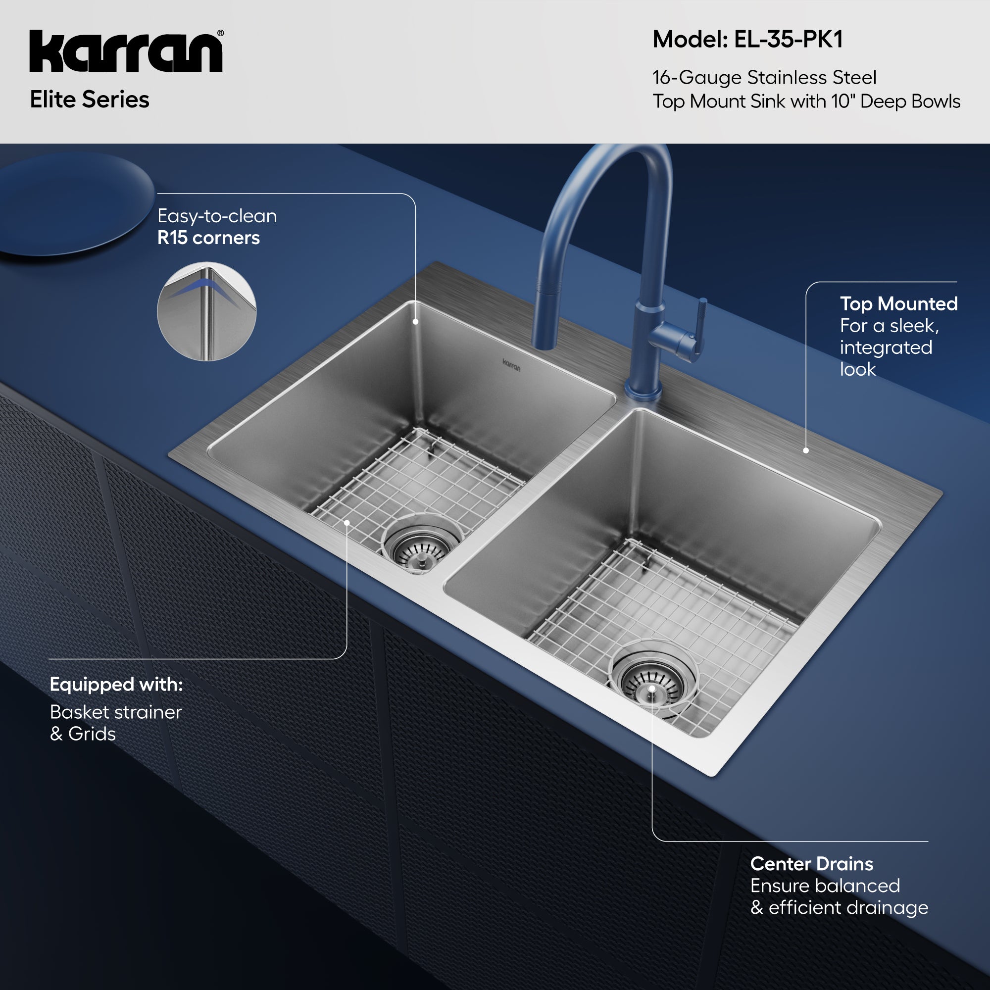 Alternative View of Karran 33" Drop In/Topmount Stainless Steel Kitchen Sink, 50/50 Double Bowl, 16 Gauge, EL-35-PK1