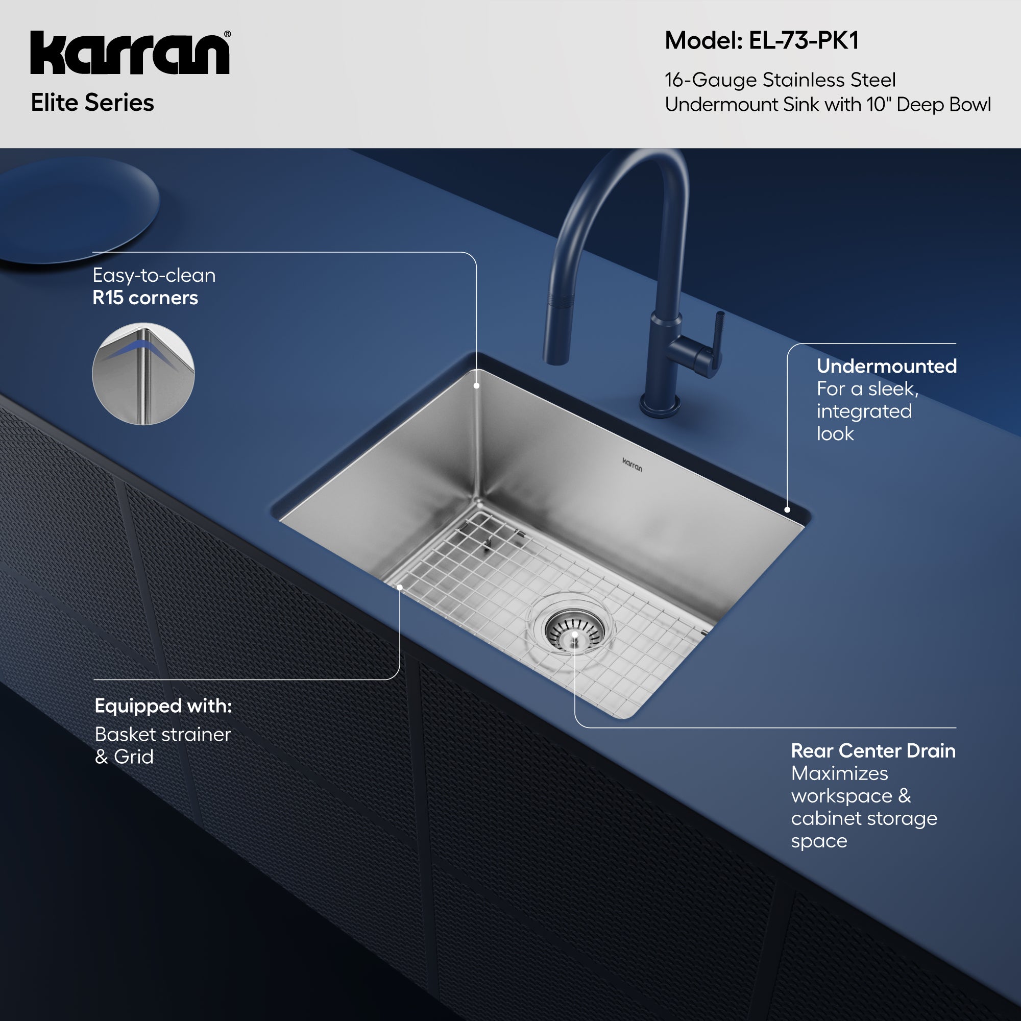 Alternative View of Karran 23" Undermount Stainless Steel Kitchen Sink, 16 Gauge, EL-73-PK1