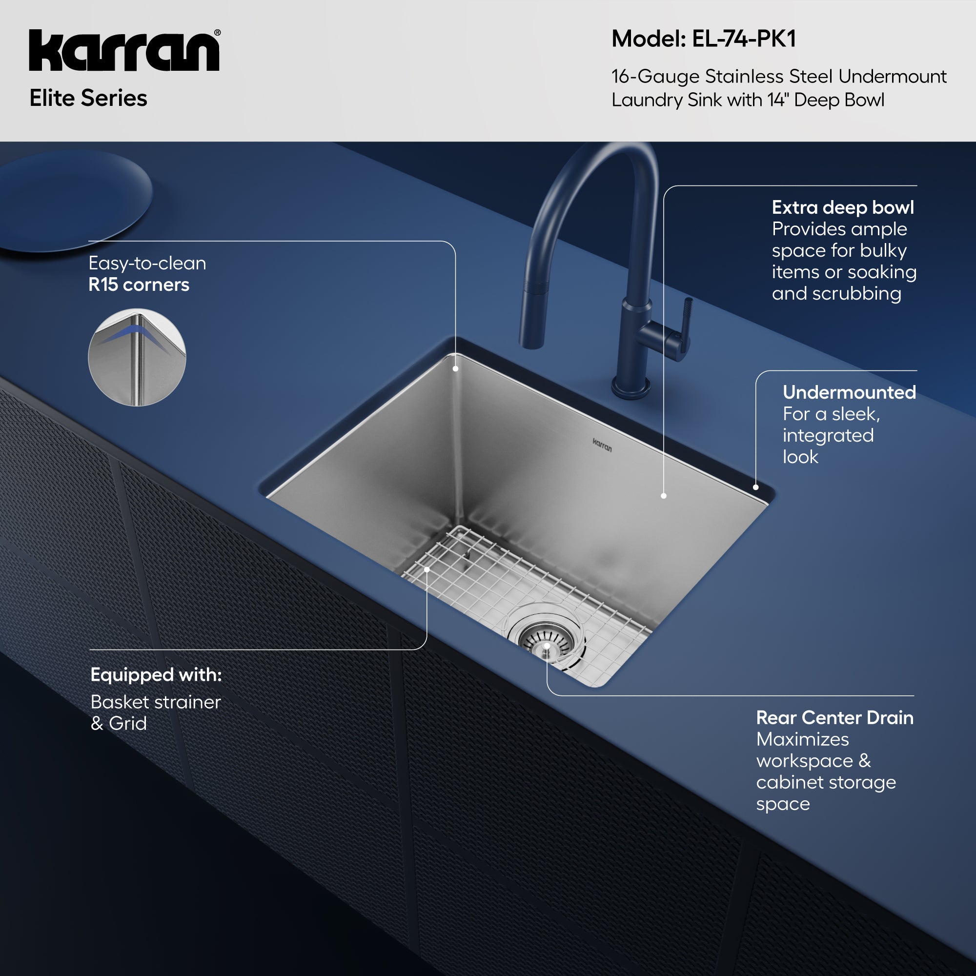 Alternative View of Karran Elite 23" Undermount Stainless Steel Kitchen Sink with Accessories, 16 Gauge, EL-74-PK1
