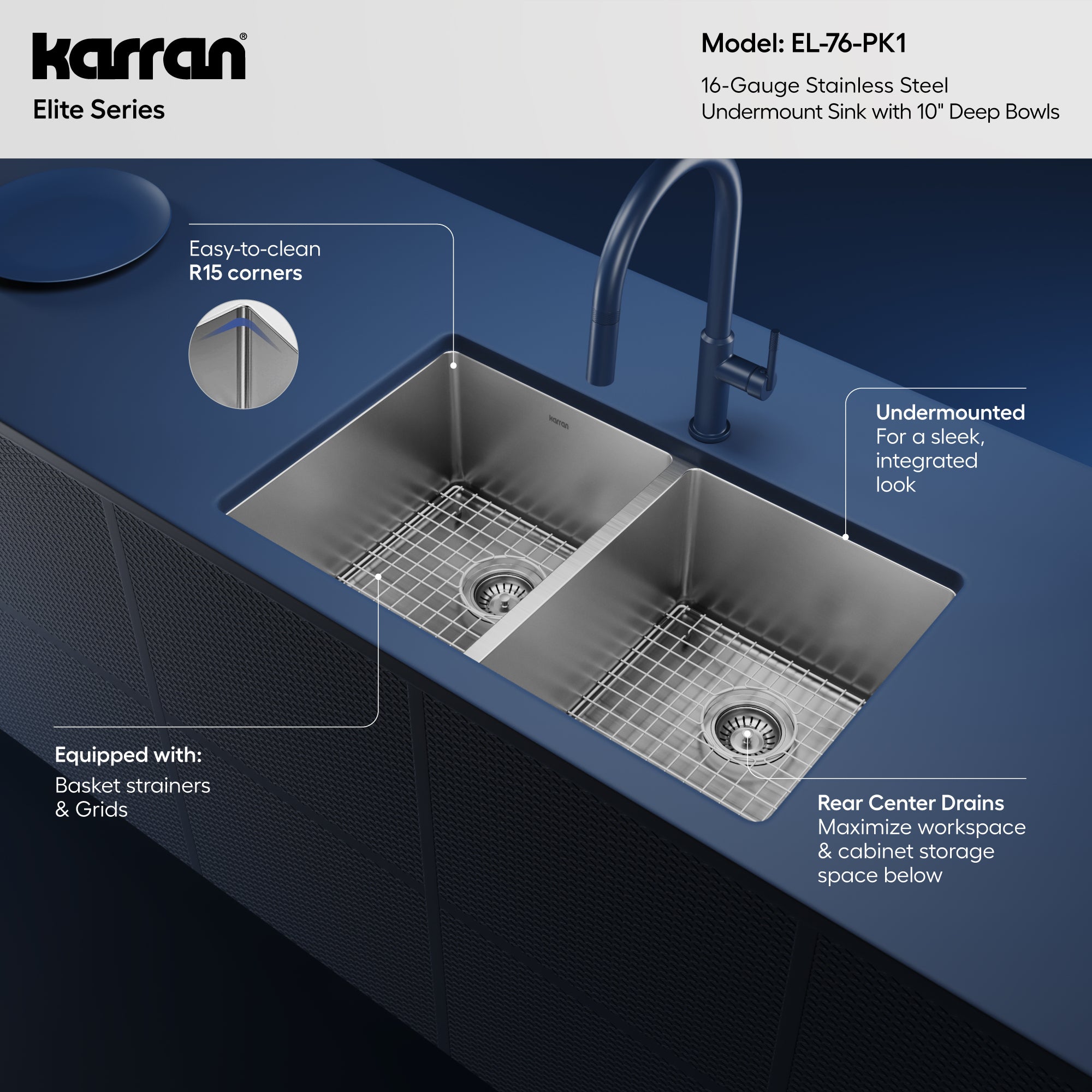 Alternative View of Karran 32" Undermount Stainless Steel Kitchen Sink, 50/50 Double Bowl, 16 Gauge, EL-76-PK1