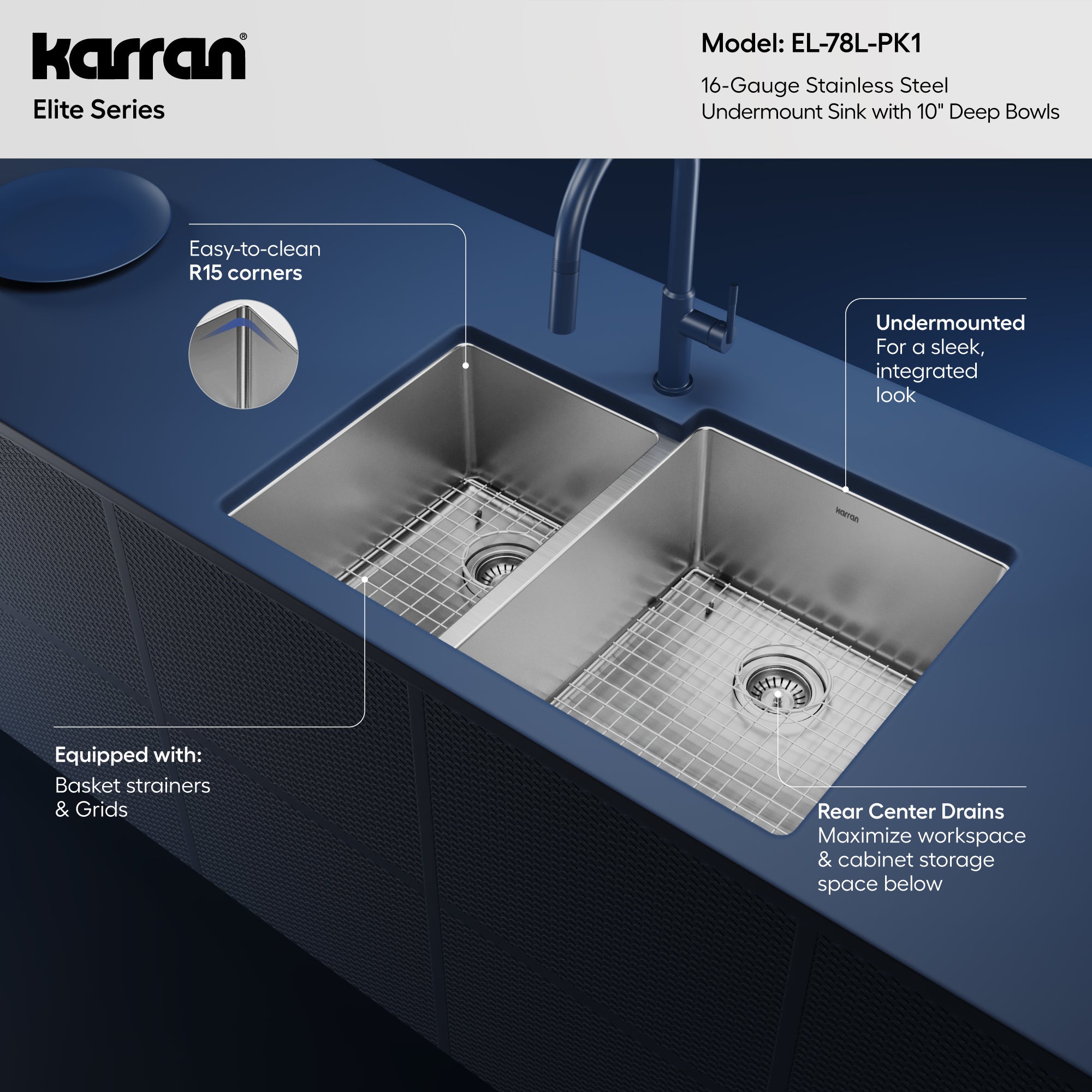 Alternative View of Karran Elite 33" Undermount Stainless Steel Kitchen Sink with Accessories, 40/60 Double Bowl, 16 Gauge, EL-78L-PK1