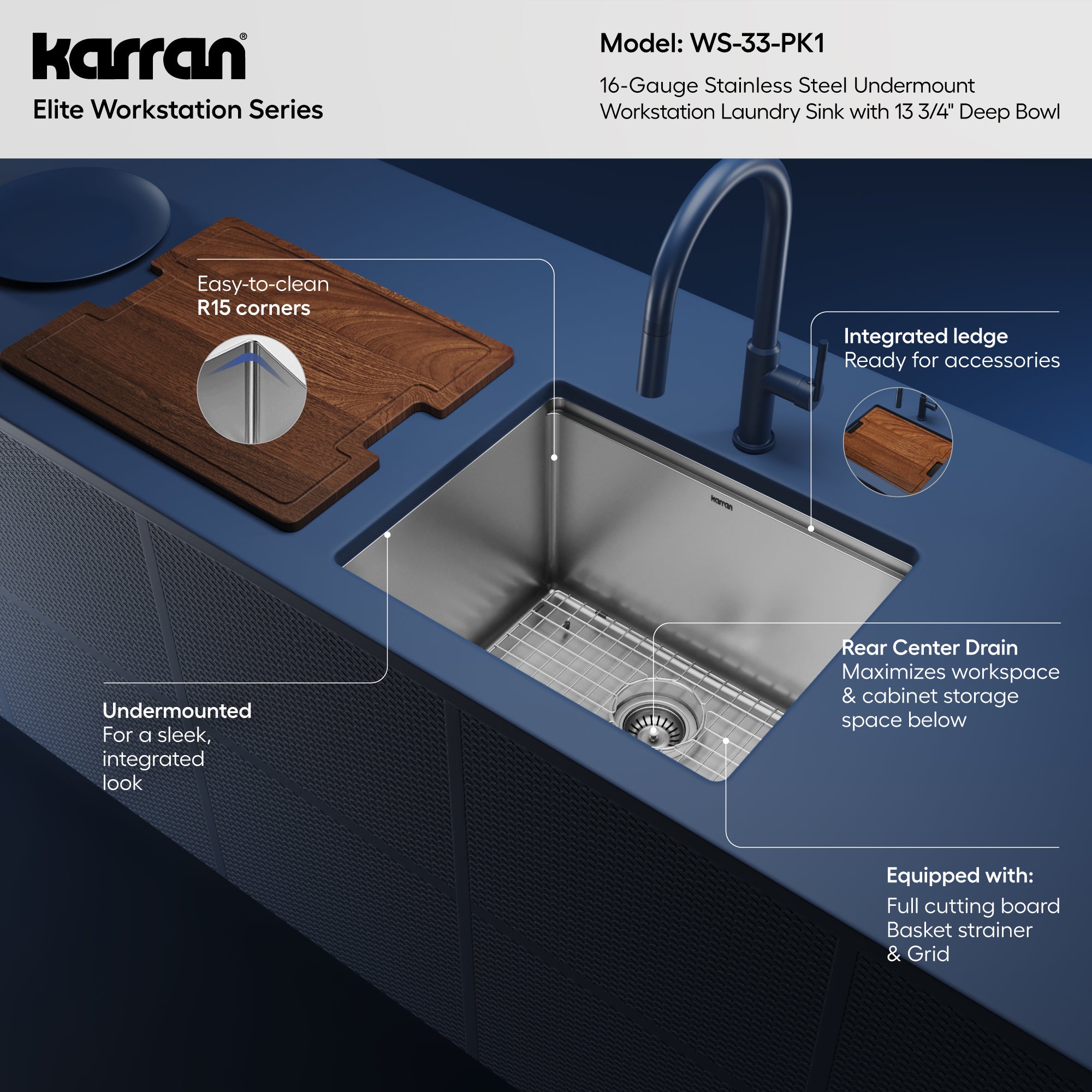 Alternative View of Karran Elite Workstation 23" Undermount Stainless Steel Workstation Kitchen Sink with Accessories, 16 Gauge, WS-33-PK1