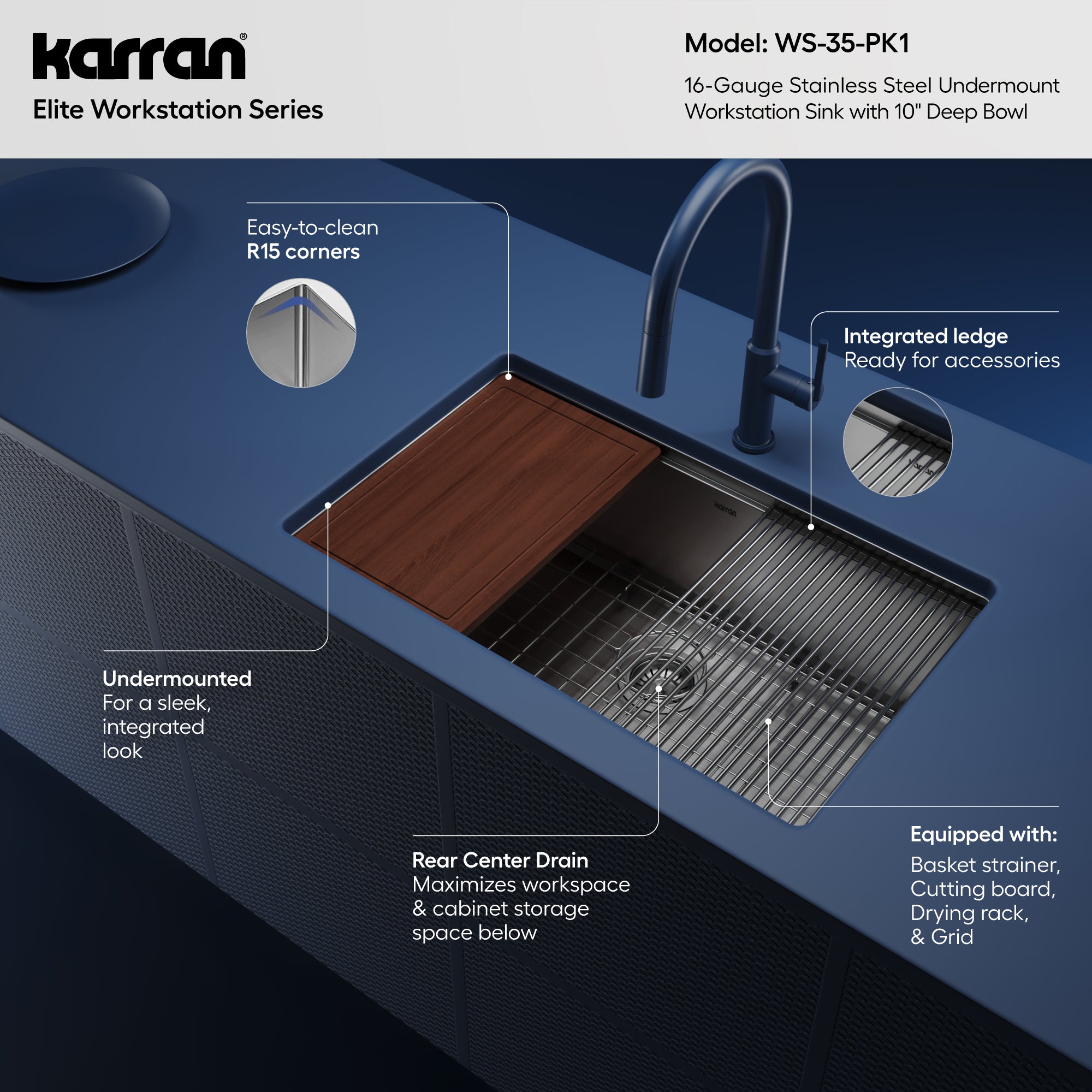 Alternative View of Karran Elite Workstation 30" Undermount Stainless Steel Workstation Kitchen Sink with Accessories, 16 Gauge, WS-35-PK1