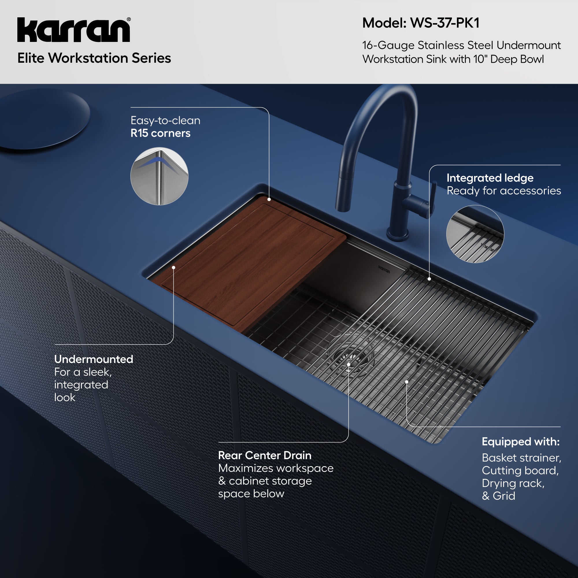 Alternative View of Karran Elite Workstation 32" Undermount Stainless Steel Workstation Kitchen Sink with Accessories, 16 Gauge, WS-37-PK1