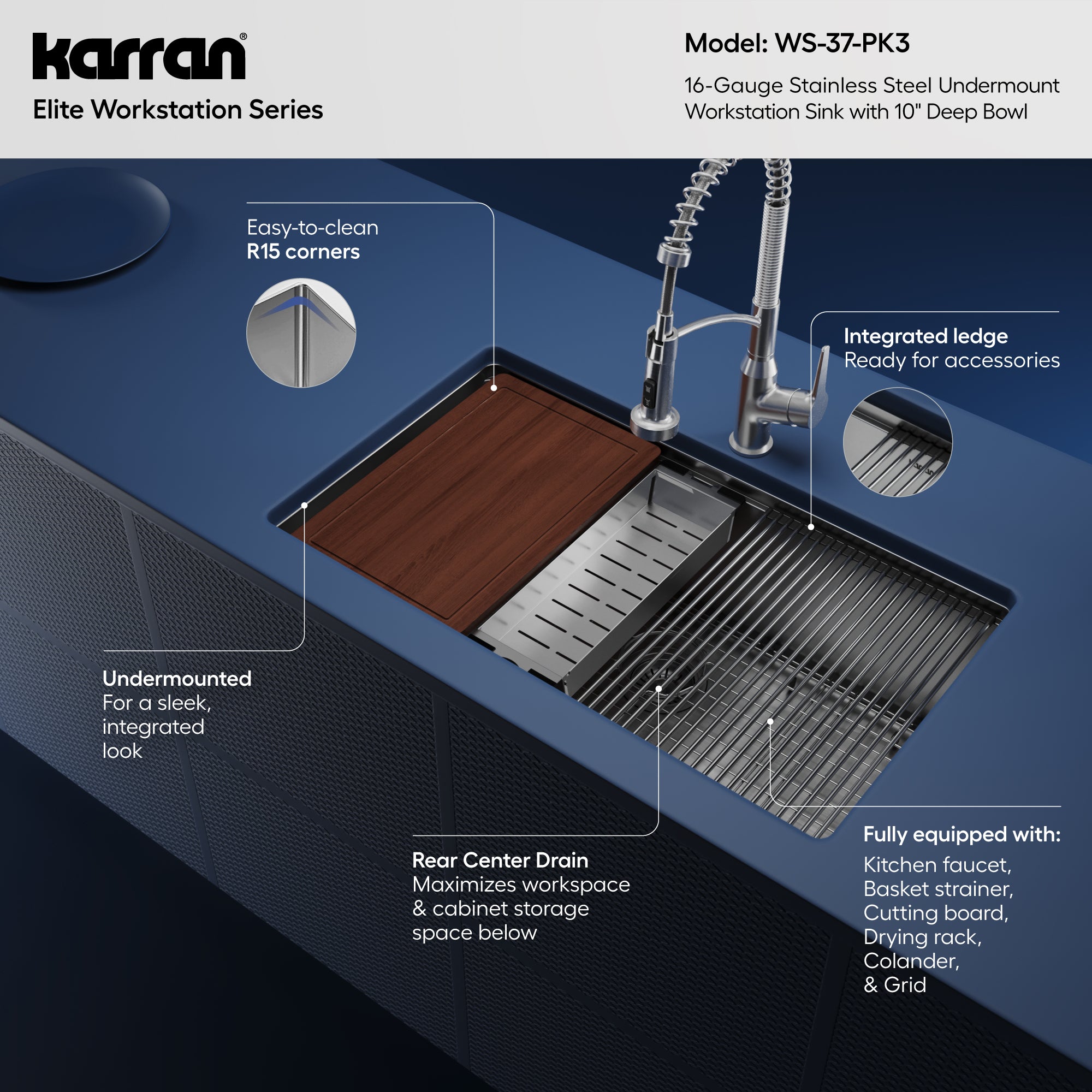 Karran elite workstation 32 stainless steel kitchen sink with faucet informational image