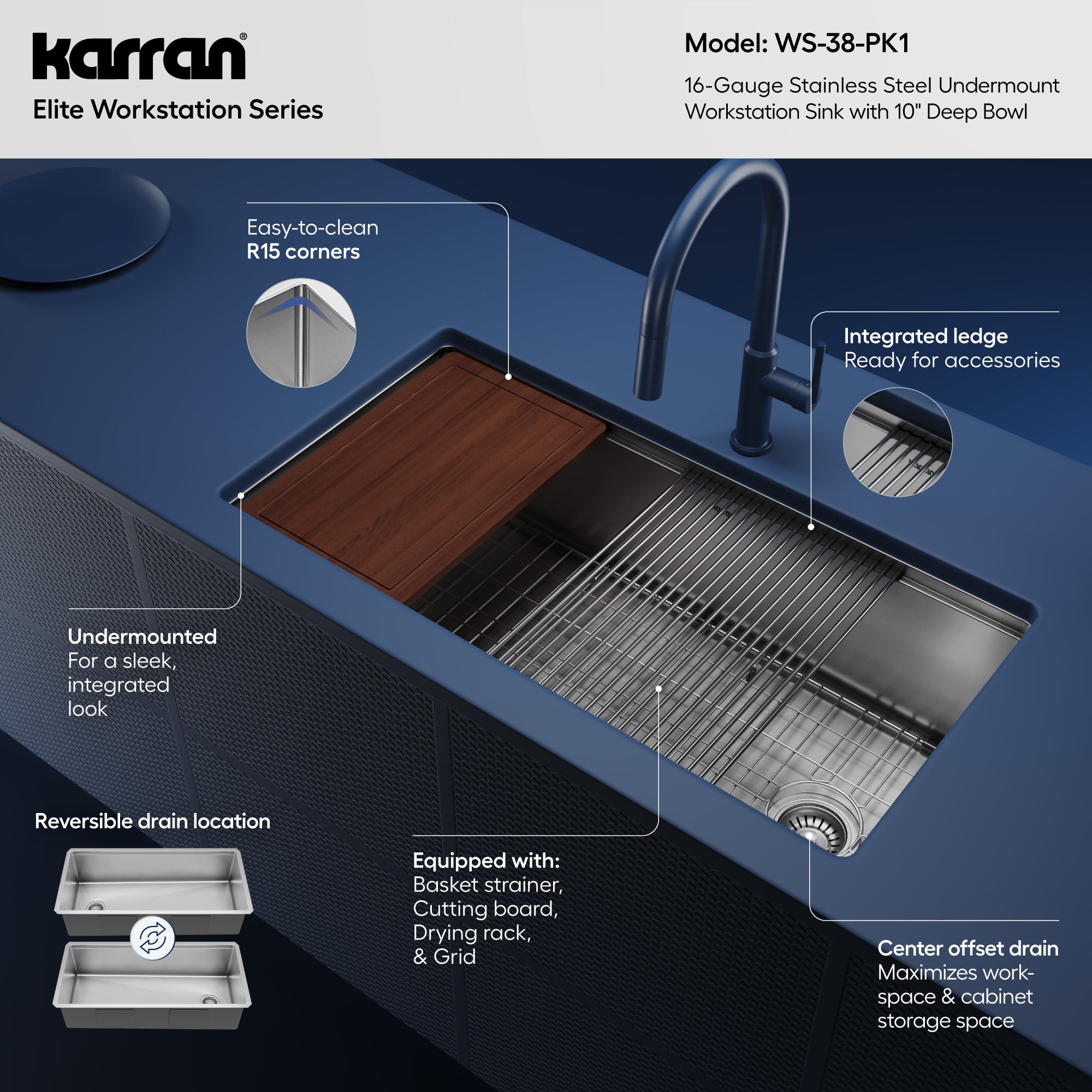 Alternative View of Karran Elite Workstation 36" Undermount Stainless Steel Workstation Kitchen Sink with Accessories, 16 Gauge, WS-38-PK1