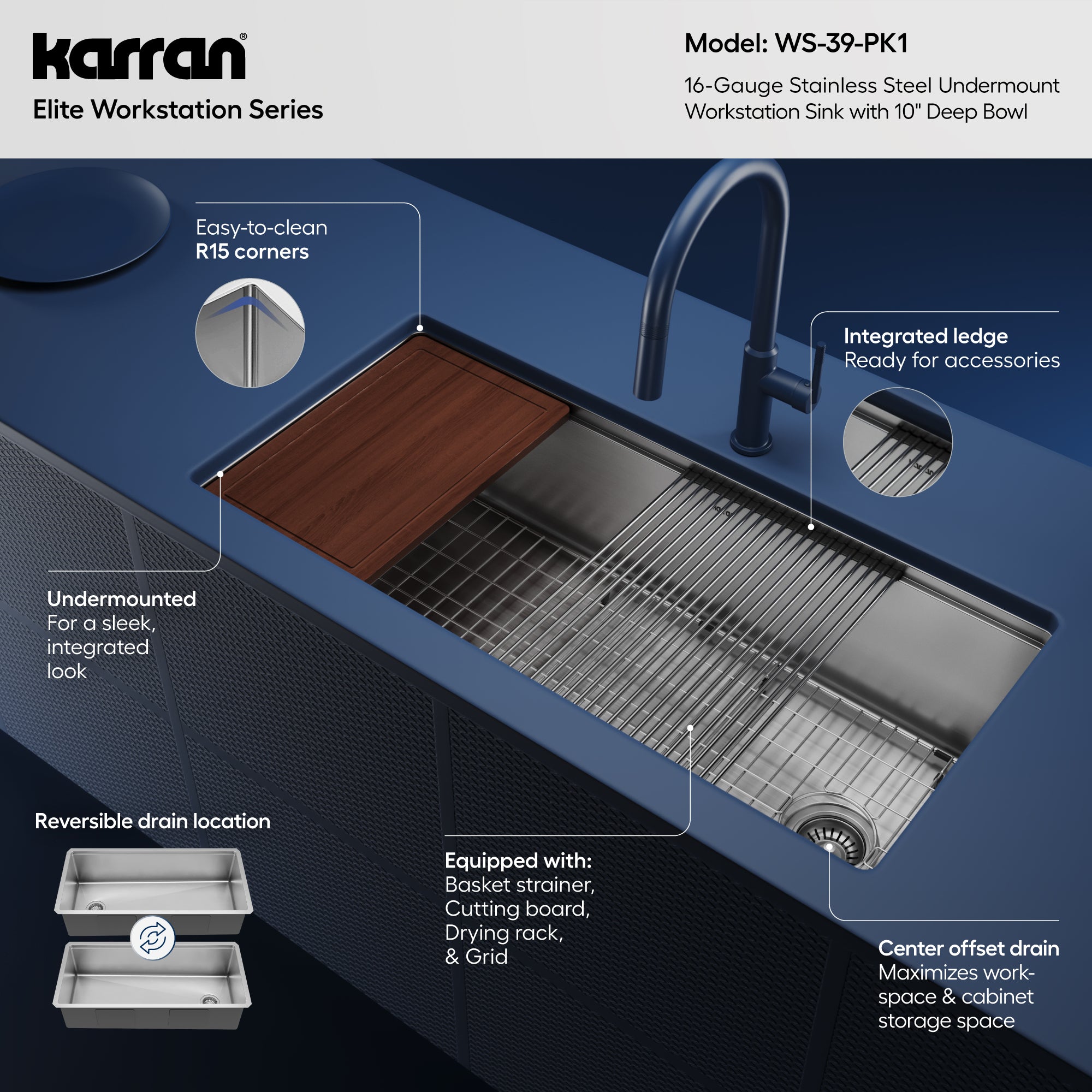 Alternative View of Karran Elite Workstation 39" Undermount Stainless Steel Workstation Kitchen Sink with Accessories, 16 Gauge, WS-39-PK1