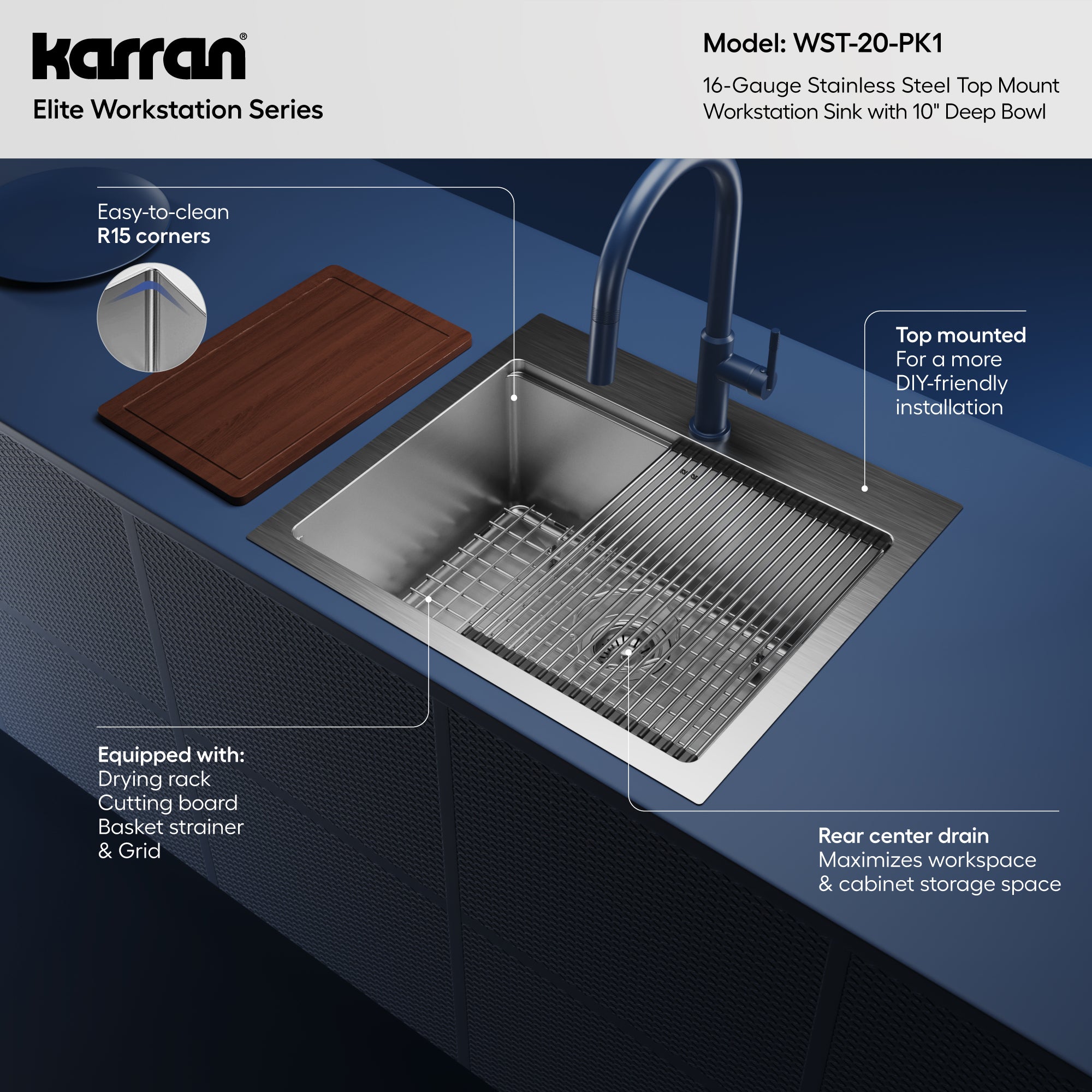 Alternative View of Karran Elite Workstation 25" Drop In/Topmount Stainless Steel Workstation Kitchen Sink with Accessories, 16 Gauge, WST-20-PK1