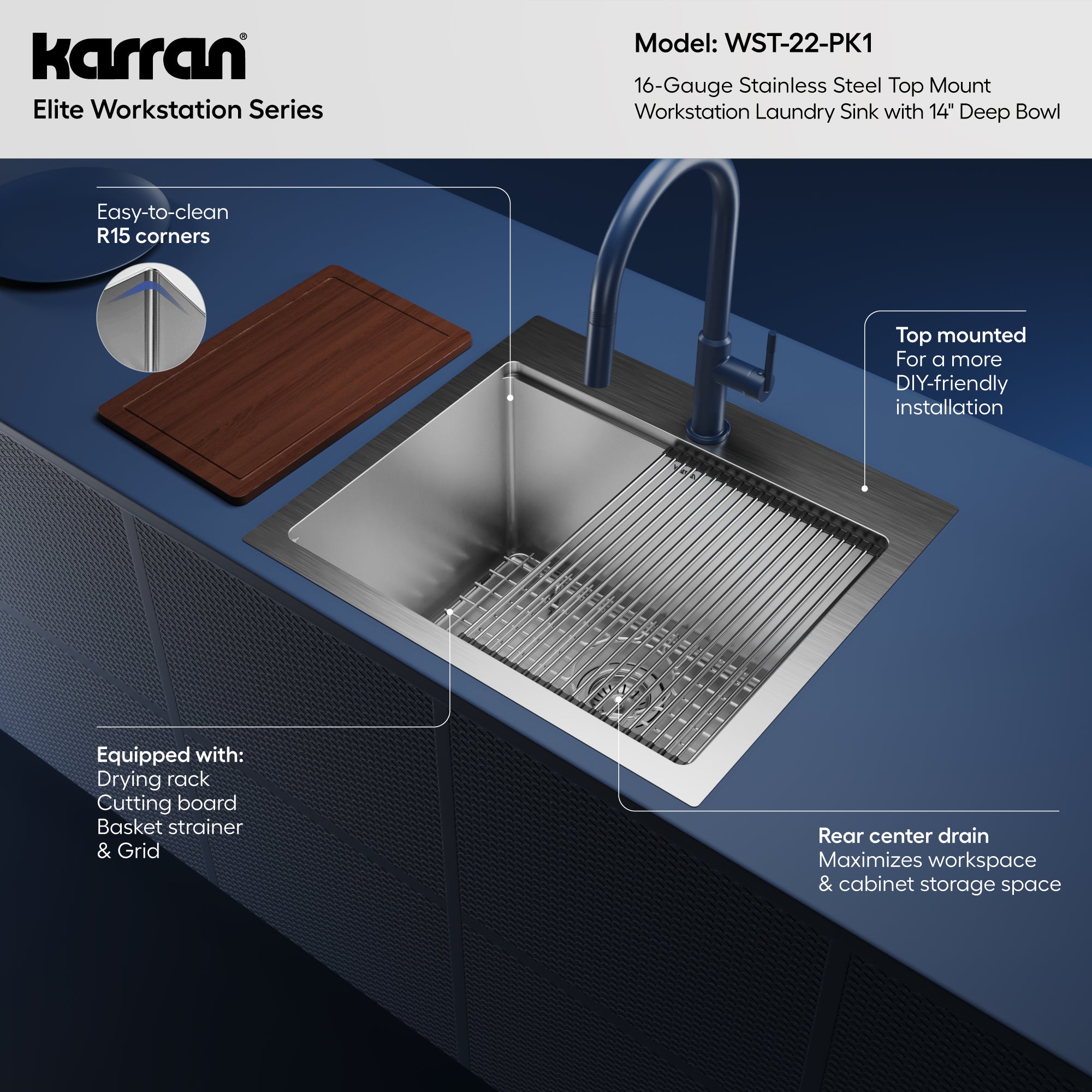 Alternative View of Karran Elite Workstation 25" Drop In/Topmount Stainless Steel Workstation Kitchen Sink with Accessories, 16 Gauge, WST-22-PK1