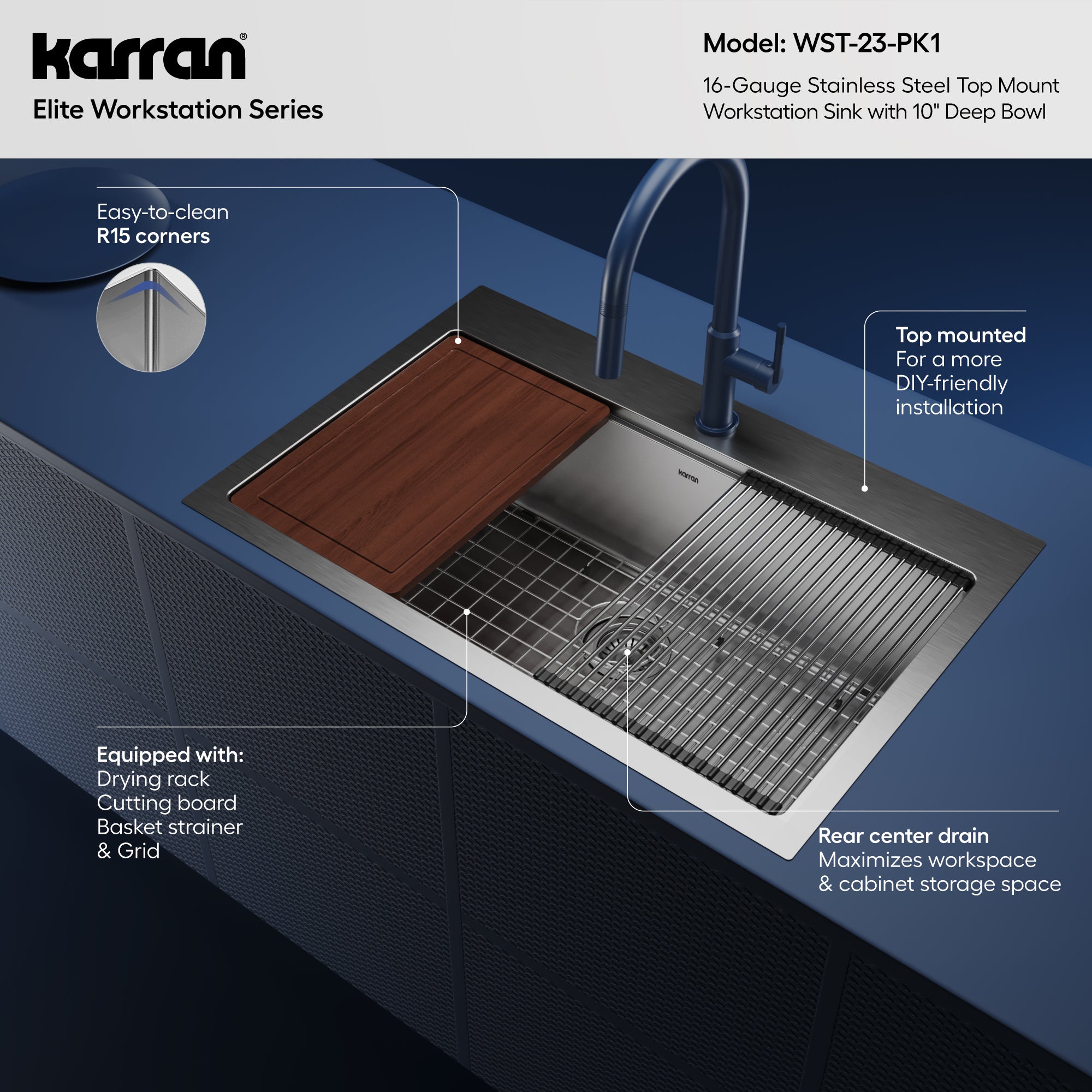 Alternative View of Karran Elite Workstation 33" Drop In/Topmount Stainless Steel Workstation Kitchen Sink with Accessories, 16 Gauge, WST-23-PK1