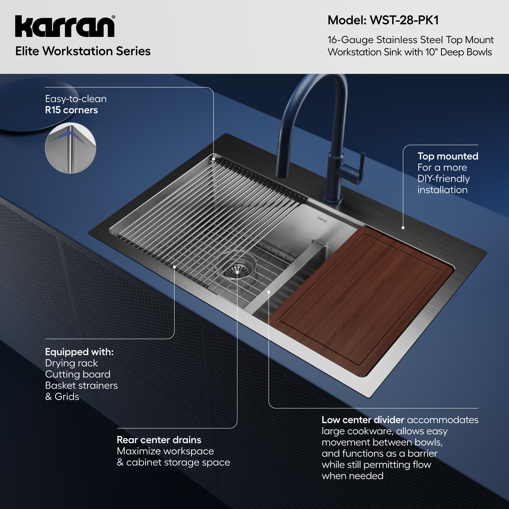 Alternative View of Karran Elite Workstation 33" Drop In/Topmount Stainless Steel Workstation Kitchen Sink with Accessories, 50/50 Double Bowl, 16 Gauge, WST-28-PK1