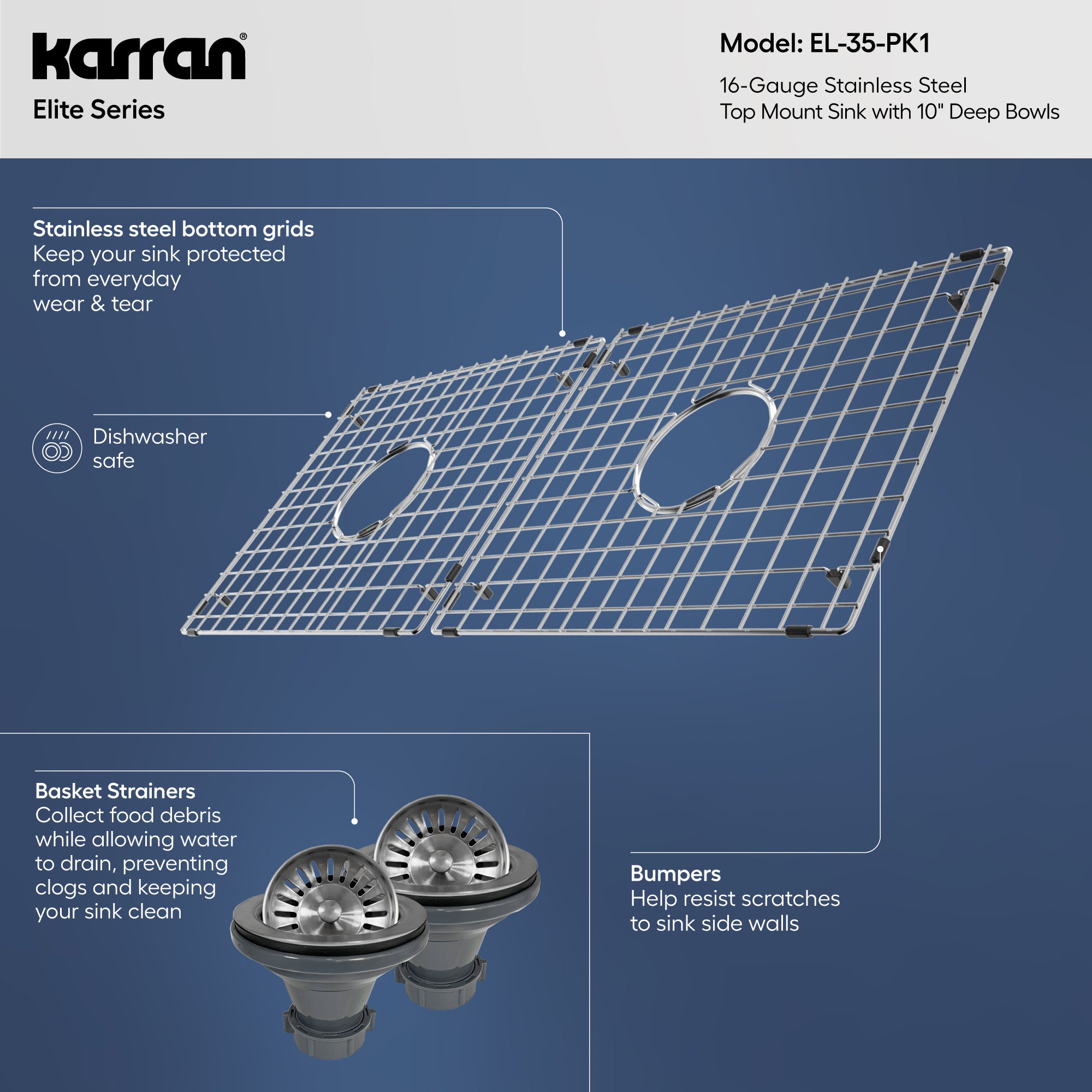 Alternative View of Karran 33" Drop In/Topmount Stainless Steel Kitchen Sink, 50/50 Double Bowl, 16 Gauge, EL-35-PK1
