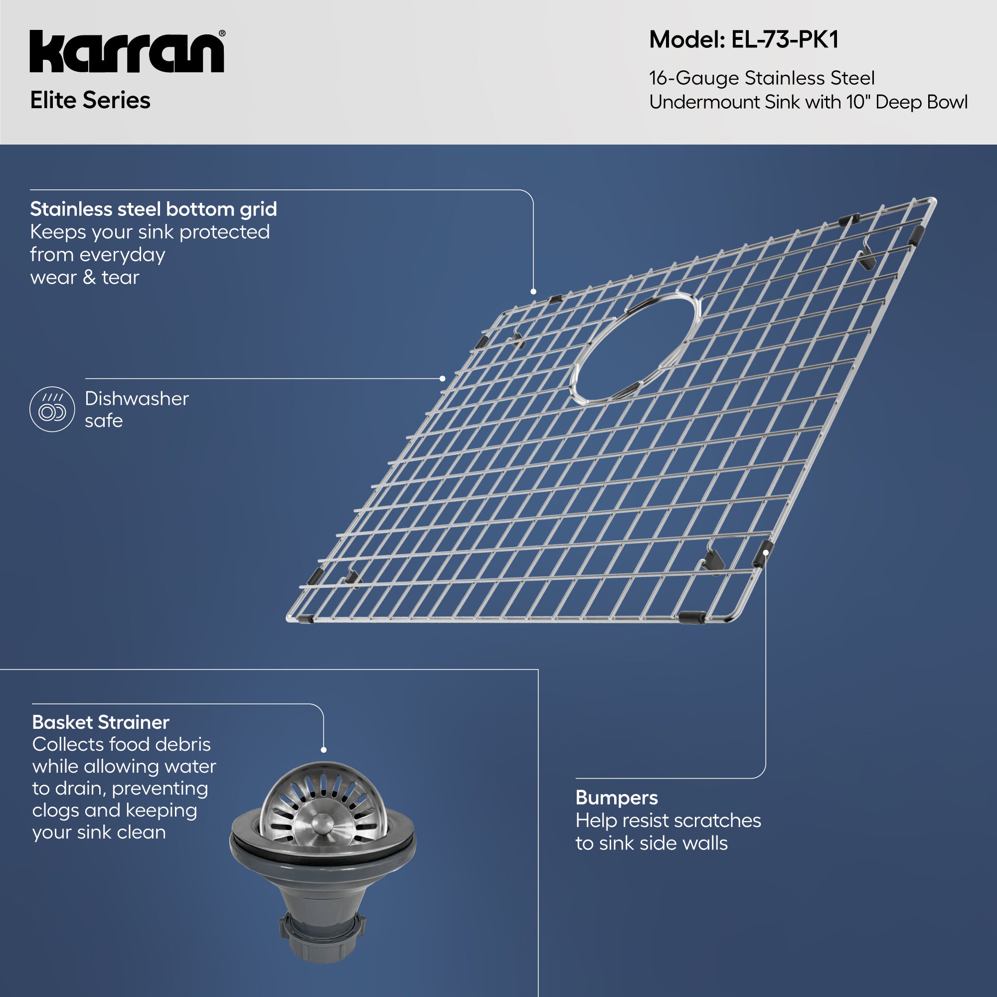 Alternative View of Karran 23" Undermount Stainless Steel Kitchen Sink, 16 Gauge, EL-73-PK1