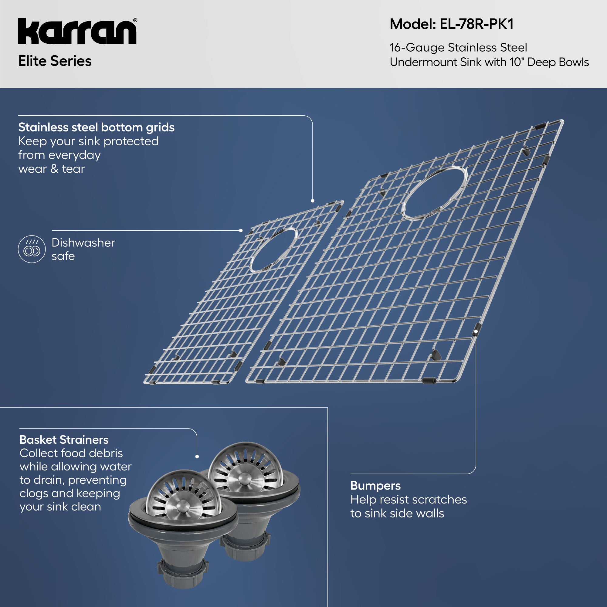Alternative View of Karran Elite 33" Undermount Stainless Steel Kitchen Sink with Accessories, 60/40 Double Bowl, 16 Gauge, EL-78R-PK1