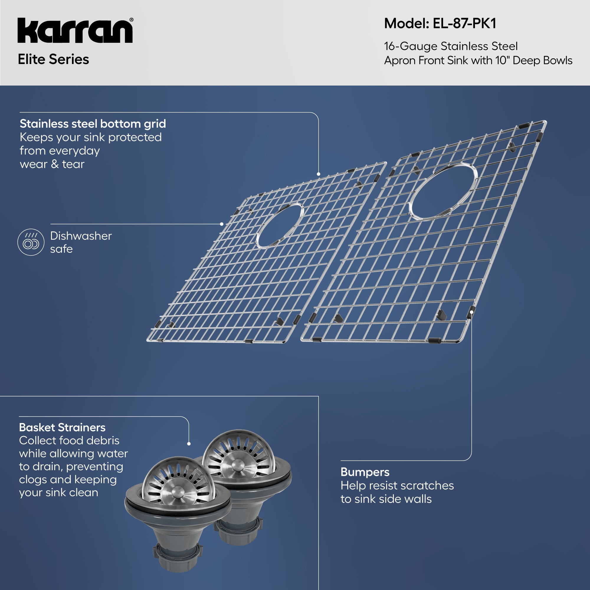 Alternative View of Karran 36" Stainless Steel Farmhouse Sink with Accessories, 60/40 Double Bowl, 16 Gauge, EL-87-PK1