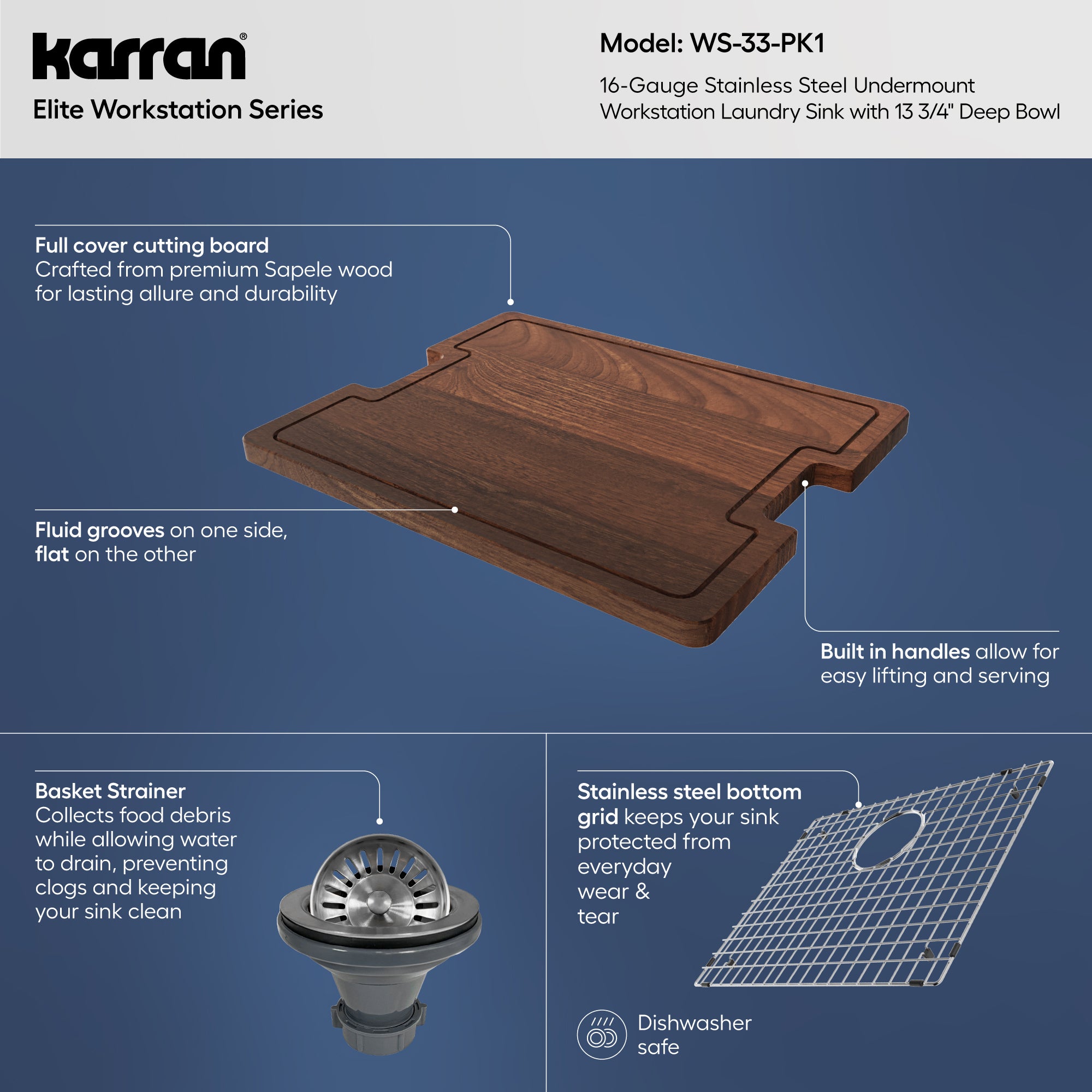 Alternative View of Karran Elite Workstation 23" Undermount Stainless Steel Workstation Kitchen Sink with Accessories, 16 Gauge, WS-33-PK1
