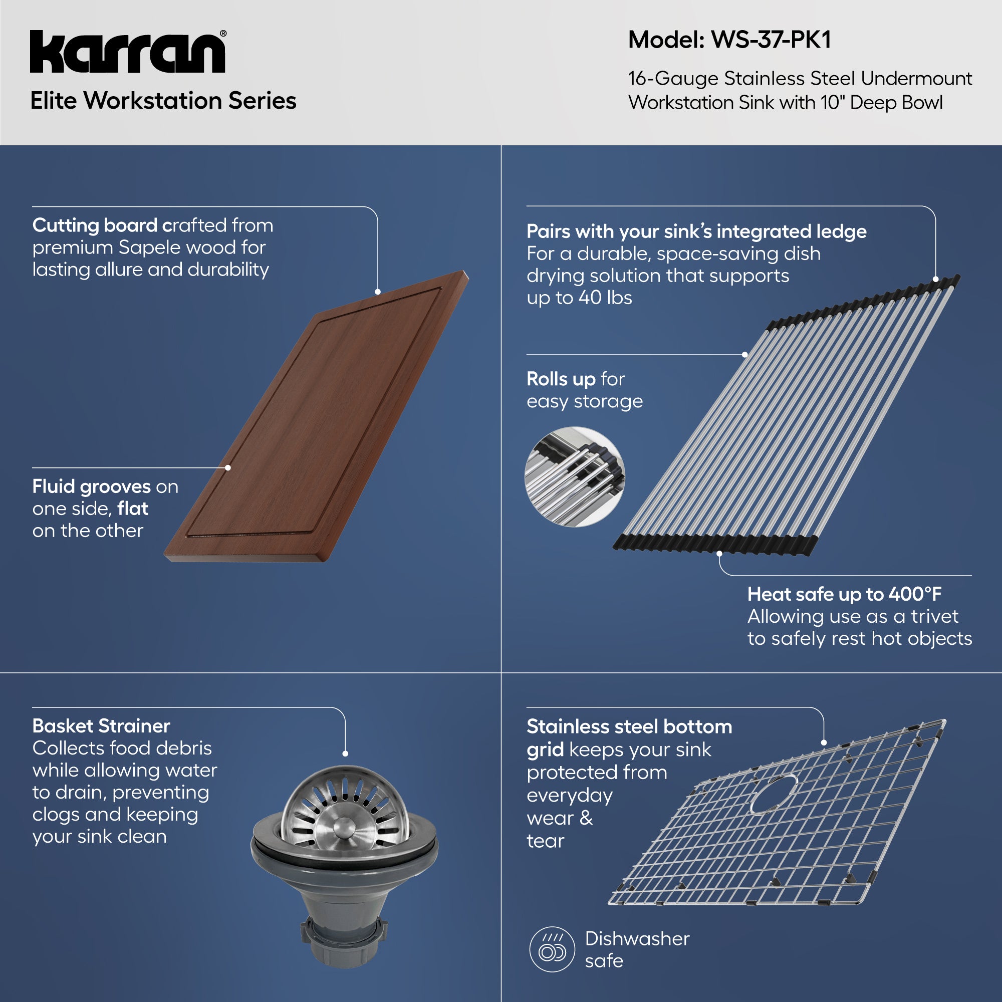 Alternative View of Karran Elite Workstation 32" Undermount Stainless Steel Workstation Kitchen Sink with Accessories, 16 Gauge, WS-37-PK1